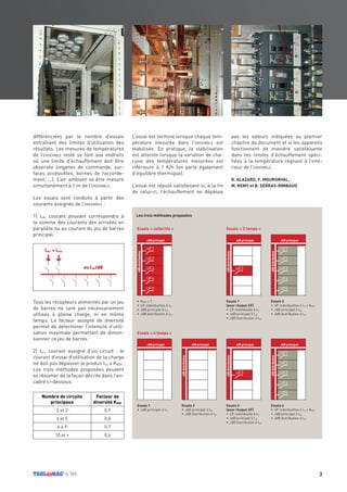 3n˚04
UF1
JdB principal
JdBdistribution
UF2
UF3
UF4
UF5
UF1
JdB principal
JdBdistribution
UF2
UF3
UF4
UF5
UF1
JdB principal
JdBdistribution
UF2
UF3
UF4
UF5
UF1
JdB principal
UF2
UF3
UF4
UF5
UF1
JdB principal
JdBdistribution
UF2
UF3
UF4
UF5
UF1
JdB principal
JdBdistribution
UF2
UF3
UF4
UF5
UF1
JdB principal
JdBdistribution
UF2
UF3
UF4
UF5
différenciées par le nombre d’essais
entraînant des limites d’utilisation des
résultats. Les mesures de températures
de l’ensemble testé se font aux endroits
où une limite d’échauffement doit être
observée (organes de commande, sur-
faces accessibles, bornes de raccorde-
ment, …). L’air ambiant va être mesuré
simultanément à 1 m de l’ensemble.
Les essais sont conduits à partir des
courants assignés de l’ensemble :
1) InA, courant pouvant correspondre à
la somme des courants des arrivées en
parallèle ou au courant du jeu de barres
principal.
Tous les récepteurs alimentés par un jeu
de barres ne sont pas nécessairement
utilisés à pleine charge, ni en même
temps. Le facteur assigné de diversité
permet de déterminer l’intensité d’utili-
sation maximale permettant de dimen-
sionner ce jeu de barres
2) InC, courant assigné d’un circuit : le
courant d’essai d’utilisation de la charge
ne doit pas dépasser le produit InC x KRDF.
Les trois méthodes proposées peuvent
se résumer de la façon décrite dans l’en-
cadré ci-dessous.
L’essai est terminé lorsque chaque tem-
pérature mesurée dans l’ensemble est
stabilisée. En pratique, la stabilisation
est atteinte lorsque la variation de cha-
cune des températures mesurées est
inférieure à 1  K/h (on parle également
d’équilibre thermique).
L’essai est réputé satisfaisant si, à la fin
de celui-ci, l’échauffement ne dépasse
pas les valeurs indiquées au premier
chapitre du document et si les appareils
fonctionnent de manière satisfaisante
dans les limites d’échauffement spéci-
fiées à la température régnant à l’inté-
rieur de l’ensemble.
R. ALAZARD, F. MOURONVAL,
M. REMY et B. SERRAS-RIMBAUD
Nombre de circuits
principaux
Facteur de
diversité KRDF
2 et 3 0,9
4 et 5 0,8
6 a 9 0,7
10 et + 0,6
	 Les trois méthodes proposées
•	 KRDF = 1
•	 UF individuelles à Inc
•	 JdB principal à InA
•	 JdB distribution à InA
Essais « collectifs »
Essais 1
(pour chaque UF)
•	 UF individuelle à Inc
•	 JdB principal à InA
•	 JdB distribution à InA
Essais 1
•	 JdB principal à InA
Essais 2
•	 JdB principal à InA
•	 JdB distribution à InA
Essais 3
(pour chaque UF)
•	 UF individuelle à Inc
•	 JdB principal à InA
•	 JdB distribution à InA
Essais 4
•	 UF individuelles à Inc x KRDF
•	 JdB principal à InA
•	 JdB distribution à InA
Essais 2
•	 UF individuelles à Inc x KRDF
•	 JdB principal à InA
•	 JdB distribution à InA
Essais « 2 temps »
Essais « 4 temps »
InA1 + InA2
ou InAJdB
 