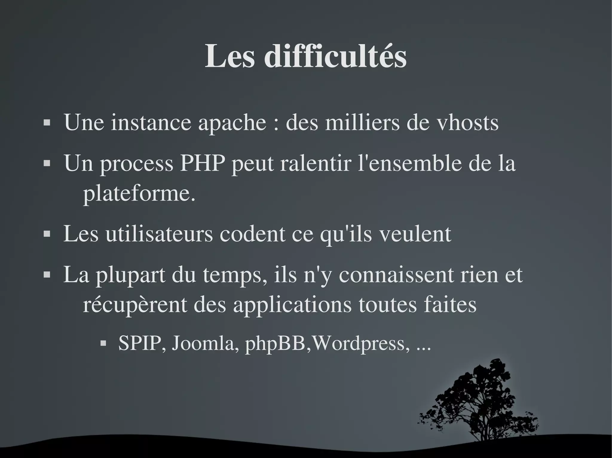Les difficultés








Une instance apache : des milliers de vhosts
Un process PHP peut ralentir l'ensemble de la 
plateforme.
Les utilisateurs codent ce qu'ils veulent
La plupart du temps, ils n'y connaissent rien et 
récupèrent des applications toutes faites
SPIP, Joomla, phpBB,Wordpress, ...



 

 

 