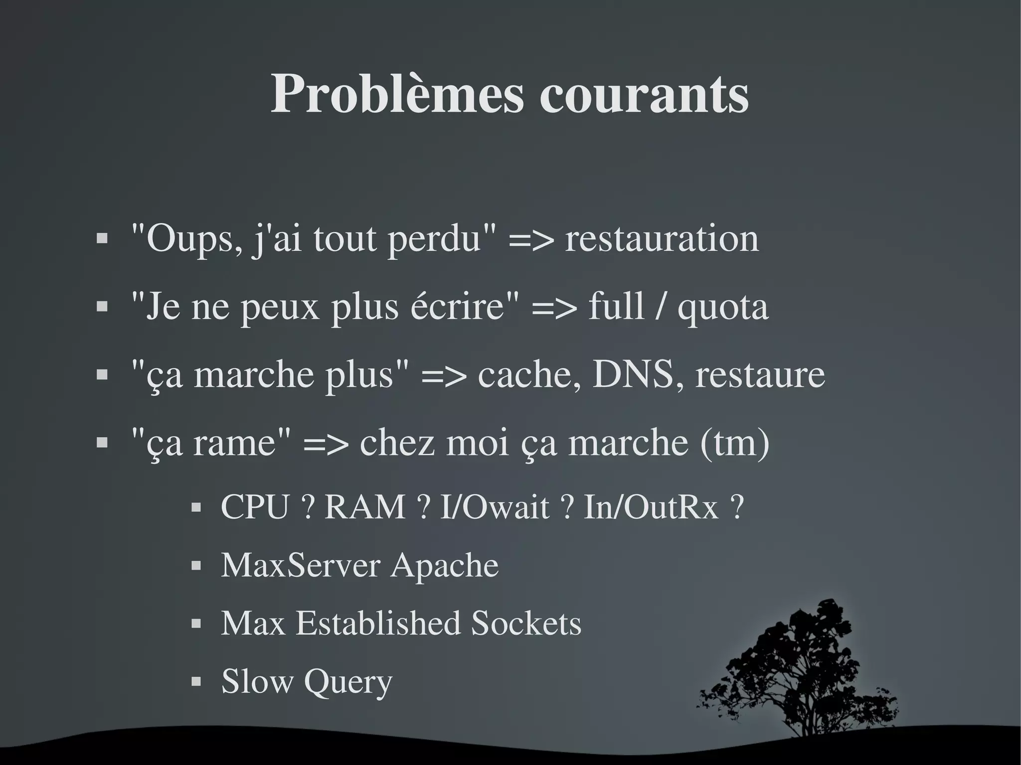 Problèmes courants


"Oups, j'ai tout perdu" => restauration



"Je ne peux plus écrire" => full / quota



"ça marche plus" => cache, DNS, restaure



"ça rame" => chez moi ça marche (tm)




MaxServer Apache



Max Established Sockets



 

CPU ? RAM ? I/Owait ? In/OutRx ?

Slow Query
 

 