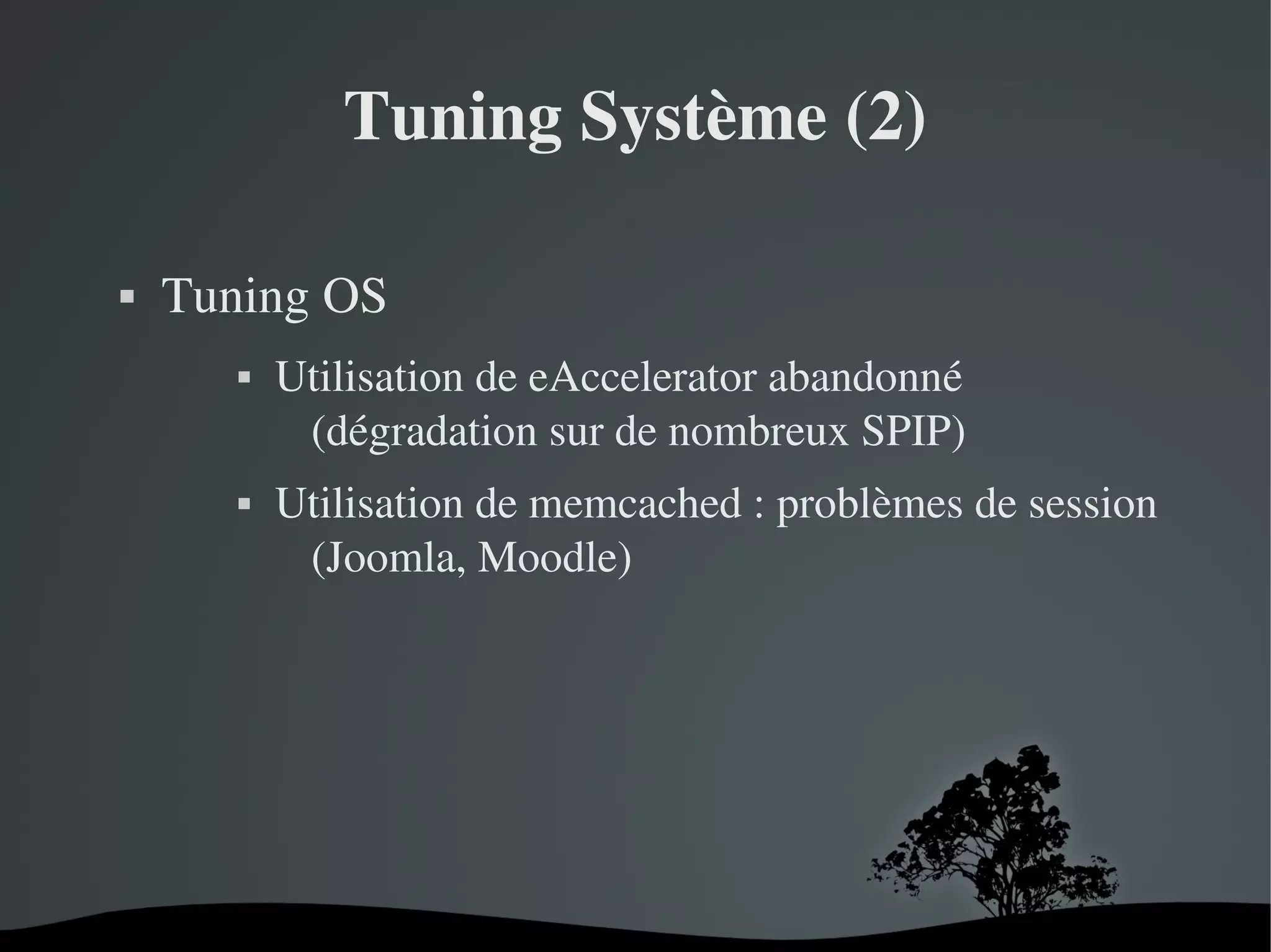 Tuning Système (2)


Tuning OS




 

Utilisation de eAccelerator abandonné 
(dégradation sur de nombreux SPIP)
Utilisation de memcached : problèmes de session 
(Joomla, Moodle)

 

 