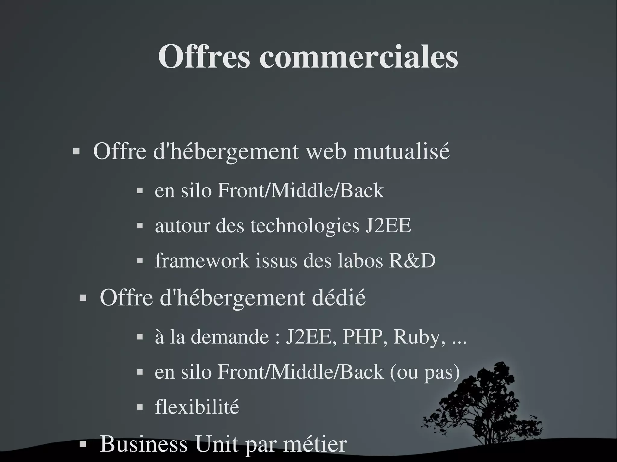 Offres commerciales
Offre d'hébergement web mutualisé







autour des technologies J2EE





en silo Front/Middle/Back
framework issus des labos R&D

Offre d'hébergement dédié




en silo Front/Middle/Back (ou pas)





à la demande : J2EE, PHP, Ruby, ...
flexibilité

Business Unit par métier
 

 

 