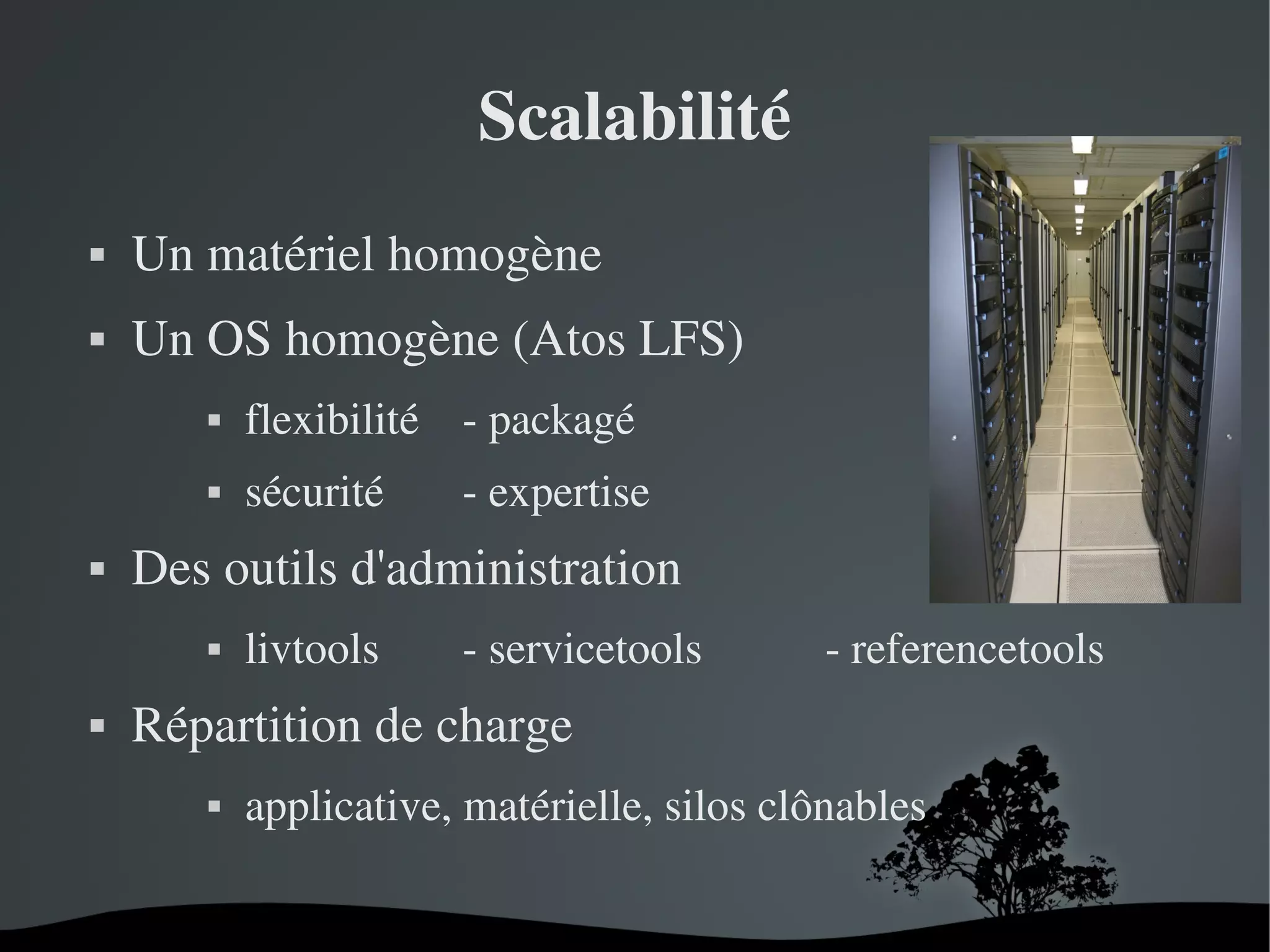 Scalabilité


Un matériel homogène



Un OS homogène (Atos LFS)






flexibilité ­ packagé
sécurité

Des outils d'administration
livtools





­ expertise
­ servicetools

­ referencetools

Répartition de charge
applicative, matérielle, silos clônables



 

 

 
