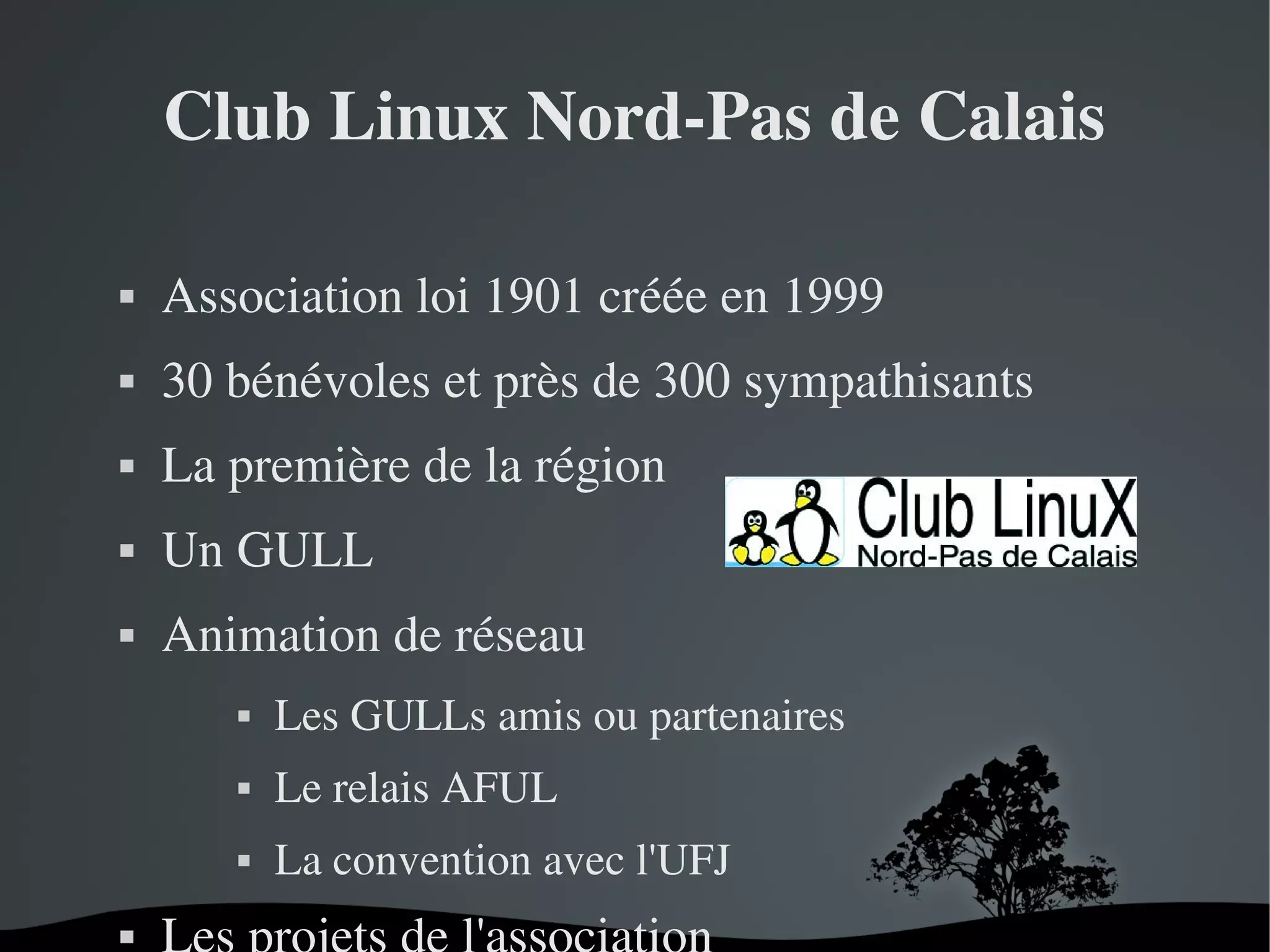 Club Linux Nord­Pas de Calais


Association loi 1901 créée en 1999



30 bénévoles et près de 300 sympathisants



La première de la région



Un GULL



Animation de réseau




 

Le relais AFUL





Les GULLs amis ou partenaires
La convention avec l'UFJ
 

 