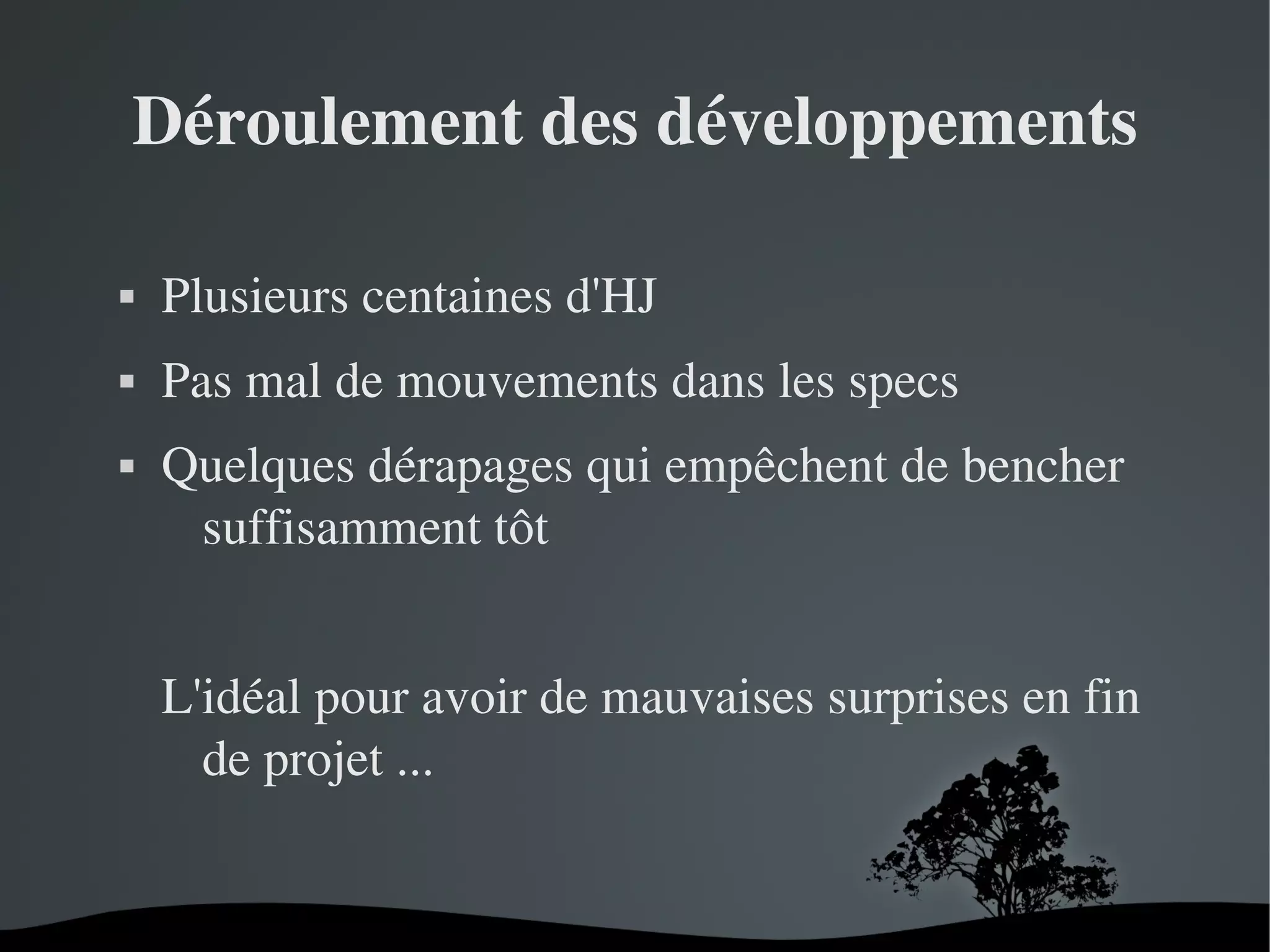 Déroulement des développements


Plusieurs centaines d'HJ



Pas mal de mouvements dans les specs



Quelques dérapages qui empêchent de bencher 
suffisamment tôt
L'idéal pour avoir de mauvaises surprises en fin 
de projet ...

 

 

 