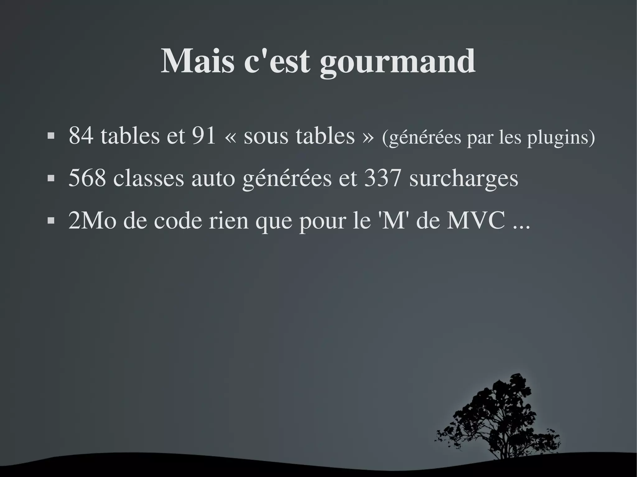 Mais c'est gourmand


84 tables et 91 « sous tables » (générées par les plugins)



568 classes auto générées et 337 surcharges



2Mo de code rien que pour le 'M' de MVC ...

 

 

 