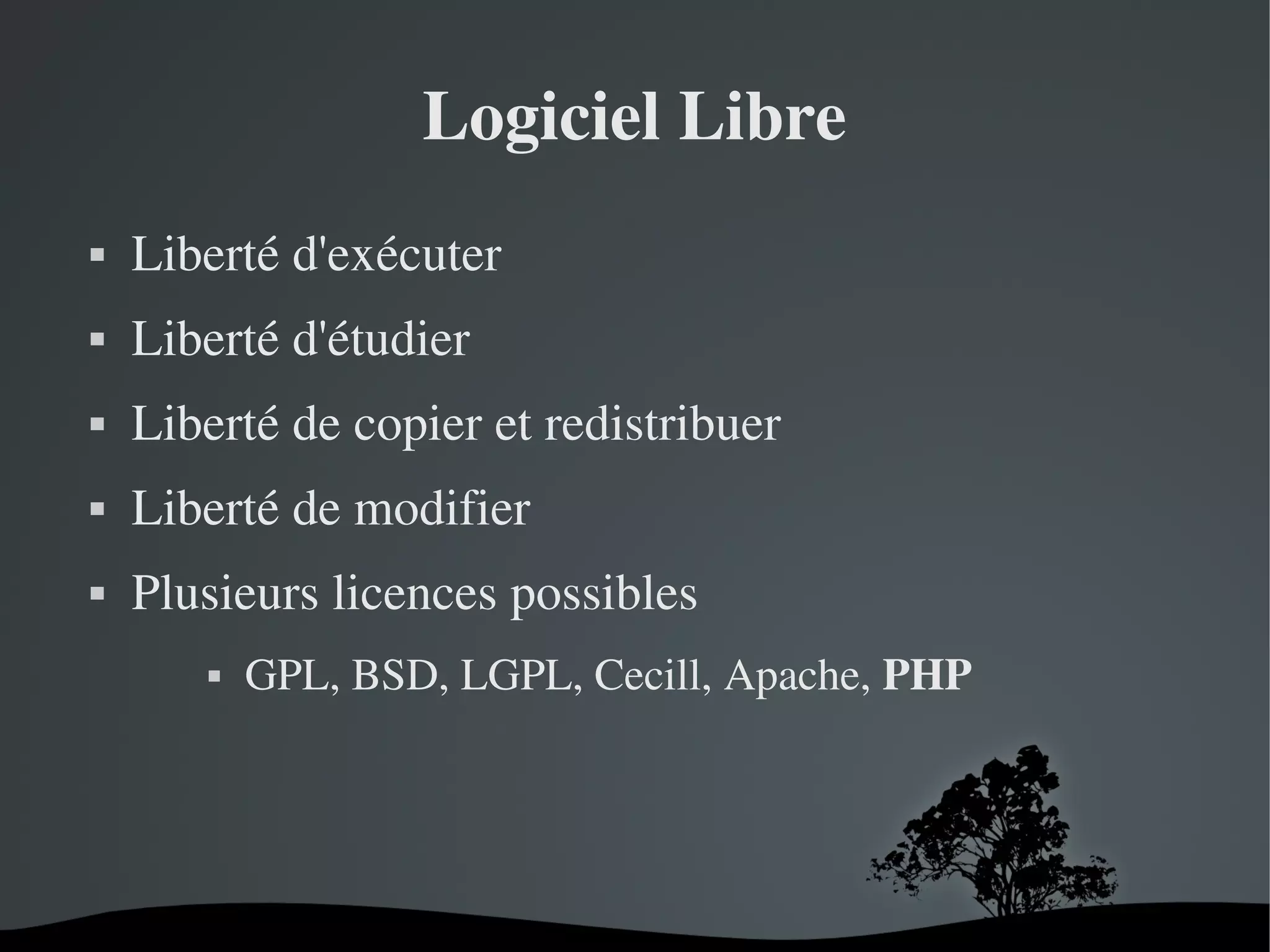 Logiciel Libre


Liberté d'exécuter



Liberté d'étudier



Liberté de copier et redistribuer



Liberté de modifier



Plusieurs licences possibles
GPL, BSD, LGPL, Cecill, Apache, PHP



 

 

 