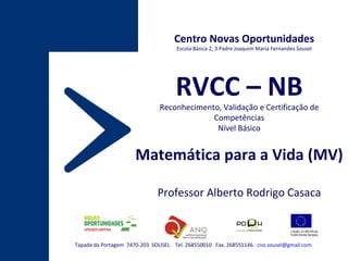 Tapada da Portagem  7470-203  SOUSEL  Tel. 268550010  Fax. 268551146  [email_address] Centro Novas Oportunidades Escola Básica 2, 3 Padre Joaquim Maria Fernandes Sousel RVCC – NB Reconhecimento, Validação e Certificação de Competências Nível Básico Matemática para a Vida (MV) Professor Alberto Rodrigo Casaca 
