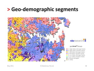 >	
  Geo-­‐demographic	
  segments	
  




May	
  2011	
     ©	
  Datalicious	
  Pty	
  Ltd	
     48	
  
 