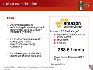 Le cloud est moins cher



    Faux !

       Automatisation et le
        refactoring de votre applicatif
        pour entrer dans le Cloud =
        BUDGET (CAPEX)                                  Instance EC2 m1.xlarge*
                                                                Equivalent Xeon QuadCore
                                                                 E5410 (2007)
       La ressource unitaire reste                             15Go Ram
        chère donc moins                                        1,7To DD
        intéressante à charge
        constante,
                                                                  268 € / mois
       Le développeur a dans les
        mains un chèque en blanc                             (Sans Bande Passante 33€ /
                                                             Mbps)

                                                        * Tarif au 10/05/2011
 Oxalide © 2011 – Solutions d’infogérance et d’hébergement sur                              6
 