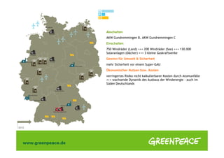 Abschalten
AKW Gundremmingen B, AKW Gundremmingen C
Einschalten
750 Windräder (Land) +++ 200 Windräder (See) +++ 130.000
Solaranlagen (Dächer) +++ 3 kleine Gaskraftwerke
Gewinn für Umwelt & Sicherheit
mehr Sicherheit vor einem Super-GAU
Ökonomischer Nutzen bzw. Kosten
verringertes Risiko nicht kalkulierbarer Kosten durch Atomunfälle
+++ wachsende Dynamik des Ausbaus der Windenergie - auch im
Süden Deutschlands
 