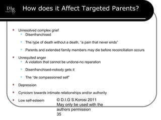 © D.I.G S.Korosi 2011
May only be used with the
authors permission
35
How does it Affect Targeted Parents?
 Unresolved complex grief
 Disenfranchised
 The type of death without a death, “a pain that never ends”
 Parents and extended family members may die before reconciliation occurs
 Unrequited anger
 A violation that cannot be undone-no reparation
 Disenfranchised-nobody gets it
 The “de compassioned self”
 Depression
 Cynicism towards intimate relationships and/or authority
 Low self-esteem
 