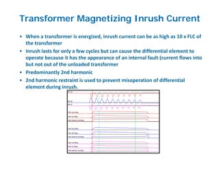 • When a transformer is energized, inrush current can be as high as 10 x FLC of 
the transformer
• Inrush lasts for only a few cycles but can cause the differential element to 
operate because it has the appearance of an internal fault (current flows into 
but not out of the unloaded transformer 
• Predominantly 2nd harmonic
• 2nd harmonic restraint is used to prevent misoperation of differential 
element during inrush.
Transformer Magnetizing Inrush Current
 