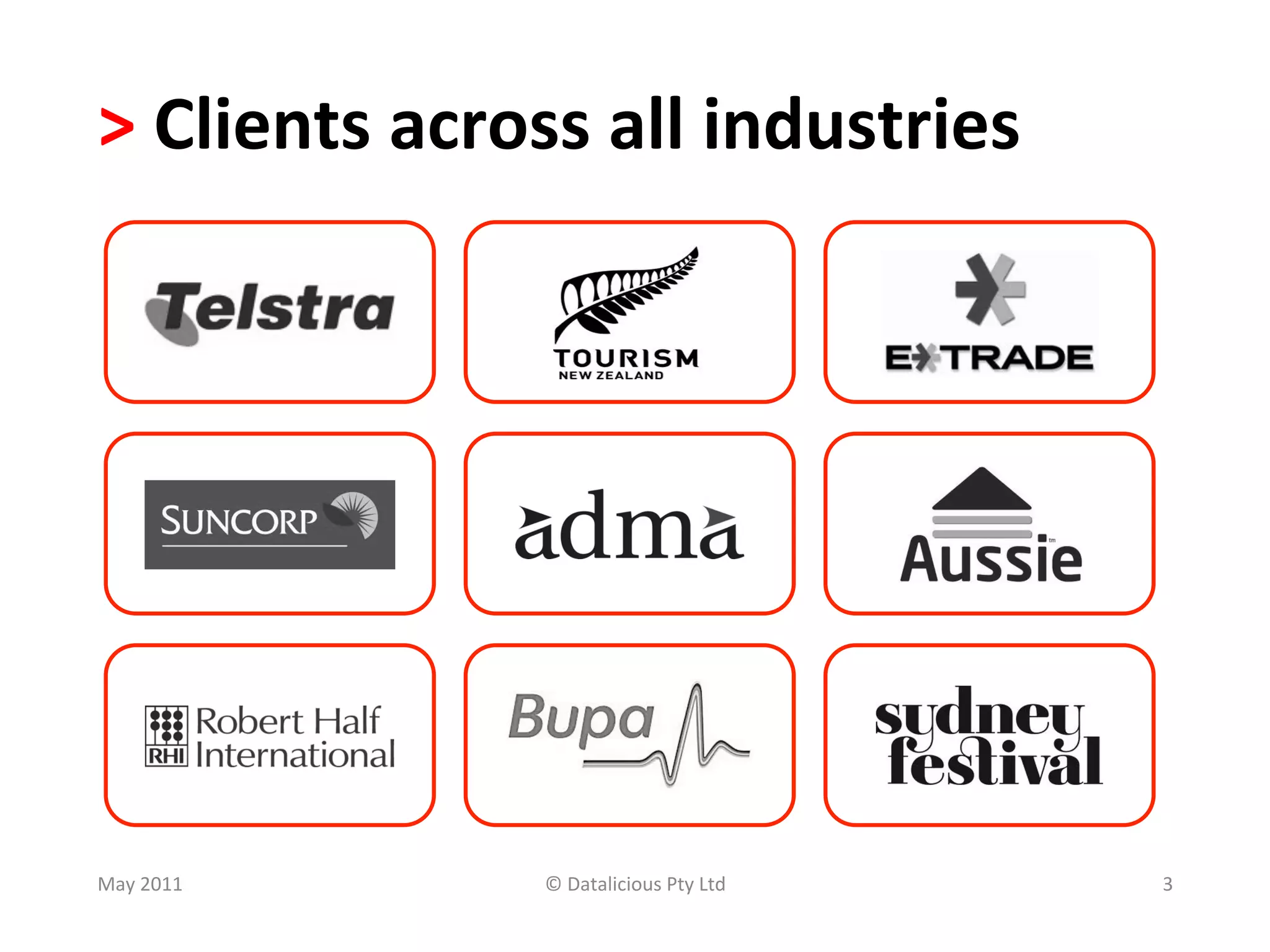 >	
  Clients	
  across	
  all	
  industries	
  




May	
  2011	
         ©	
  Datalicious	
  Pty	
  Ltd	
     3	
  
 