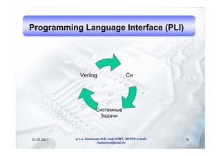 Programming Language Interface (PLI)




               Verilog                      Си




                         Системные
                          Задачи



21.02.2011   д.т.н. Хаханова И.В, каф.АПВТ, ХНУРЭ e-mail:   10
                           hahanova@mail.ru
 