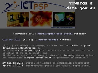 Towards a  data.gov.eu 3 November 2010:  Pan-European data portal  workshop CIP WP 2011  (p. 46) &  prior   tender   notic...