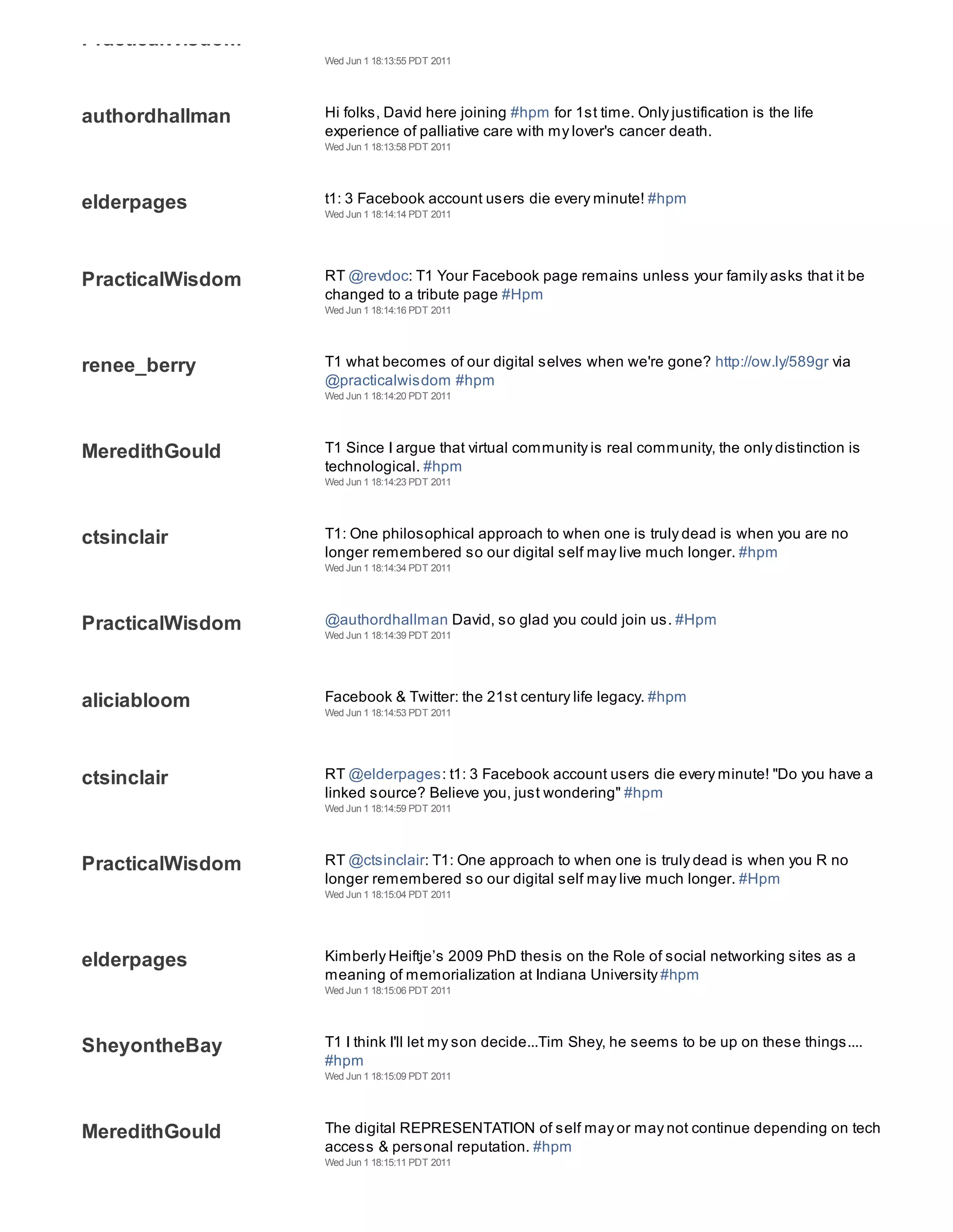 PracticalWisdom
                  Wed Jun 1 18:13:55 PDT 2011




authordhallman    Hi folks, David here joining #hpm for 1st time. Only justification is the life
                  experience of palliative care with my lover's cancer death.
                  Wed Jun 1 18:13:58 PDT 2011




elderpages        t1: 3 Facebook account users die every minute! #hpm
                  Wed Jun 1 18:14:14 PDT 2011




PracticalWisdom   RT @revdoc: T1 Your Facebook page remains unless your family asks that it be
                  changed to a tribute page #Hpm
                  Wed Jun 1 18:14:16 PDT 2011




renee_berry       T1 what becomes of our digital selves when we're gone? http://ow.ly/589gr via
                  @practicalwisdom #hpm
                  Wed Jun 1 18:14:20 PDT 2011




MeredithGould     T1 Since I argue that virtual community is real community, the only distinction is
                  technological. #hpm
                  Wed Jun 1 18:14:23 PDT 2011




ctsinclair        T1: One philosophical approach to when one is truly dead is when you are no
                  longer remembered so our digital self may live much longer. #hpm
                  Wed Jun 1 18:14:34 PDT 2011




PracticalWisdom   @authordhallman David, so glad you could join us. #Hpm
                  Wed Jun 1 18:14:39 PDT 2011




aliciabloom       Facebook & Twitter: the 21st century life legacy. #hpm
                  Wed Jun 1 18:14:53 PDT 2011




ctsinclair        RT @elderpages: t1: 3 Facebook account users die every minute! "Do you have a
                  linked source? Believe you, just wondering" #hpm
                  Wed Jun 1 18:14:59 PDT 2011




PracticalWisdom   RT @ctsinclair: T1: One approach to when one is truly dead is when you R no
                  longer remembered so our digital self may live much longer. #Hpm
                  Wed Jun 1 18:15:04 PDT 2011




elderpages        Kimberly Heiftje’s 2009 PhD thesis on the Role of social networking sites as a
                  meaning of memorialization at Indiana University #hpm
                  Wed Jun 1 18:15:06 PDT 2011




SheyontheBay      T1 I think I'll let my son decide...Tim Shey, he seems to be up on these things....
                  #hpm
                  Wed Jun 1 18:15:09 PDT 2011




MeredithGould     The digital REPRESENTATION of self may or may not continue depending on tech
                  access & personal reputation. #hpm
                  Wed Jun 1 18:15:11 PDT 2011
 