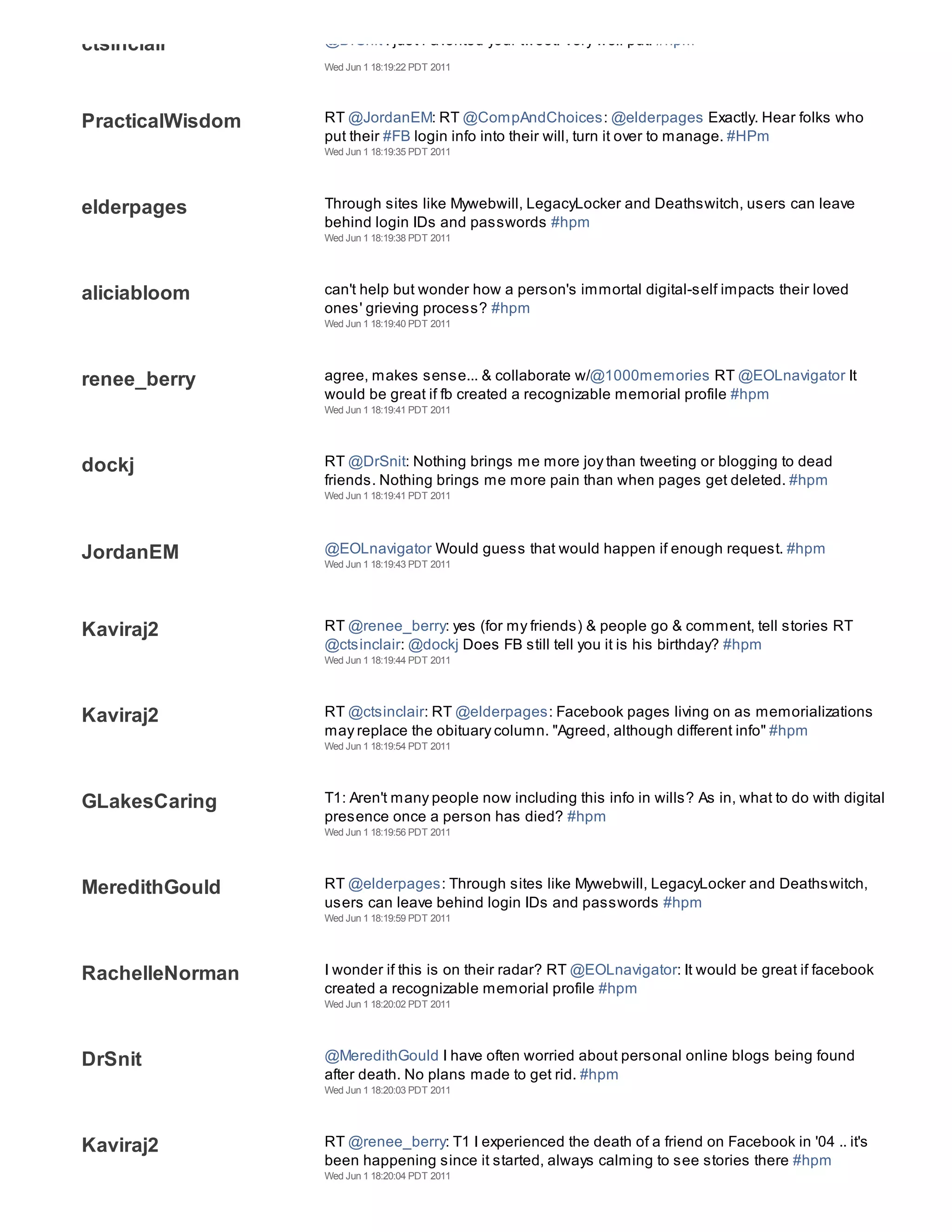 ctsinclair        @DrSnit I just Favorited your tweet. Very well put. #hpm
                  Wed Jun 1 18:19:22 PDT 2011




PracticalWisdom   RT @JordanEM: RT @CompAndChoices: @elderpages Exactly. Hear folks who
                  put their #FB login info into their will, turn it over to manage. #HPm
                  Wed Jun 1 18:19:35 PDT 2011




elderpages        Through sites like Mywebwill, LegacyLocker and Deathswitch, users can leave
                  behind login IDs and passwords #hpm
                  Wed Jun 1 18:19:38 PDT 2011




aliciabloom       can't help but wonder how a person's immortal digital-self impacts their loved
                  ones' grieving process? #hpm
                  Wed Jun 1 18:19:40 PDT 2011




renee_berry       agree, makes sense... & collaborate w/@1000memories RT @EOLnavigator It
                  would be great if fb created a recognizable memorial profile #hpm
                  Wed Jun 1 18:19:41 PDT 2011




dockj             RT @DrSnit: Nothing brings me more joy than tweeting or blogging to dead
                  friends. Nothing brings me more pain than when pages get deleted. #hpm
                  Wed Jun 1 18:19:41 PDT 2011




JordanEM          @EOLnavigator Would guess that would happen if enough request. #hpm
                  Wed Jun 1 18:19:43 PDT 2011




Kaviraj2          RT @renee_berry: yes (for my friends) & people go & comment, tell stories RT
                  @ctsinclair: @dockj Does FB still tell you it is his birthday? #hpm
                  Wed Jun 1 18:19:44 PDT 2011




Kaviraj2          RT @ctsinclair: RT @elderpages: Facebook pages living on as memorializations
                  may replace the obituary column. "Agreed, although different info" #hpm
                  Wed Jun 1 18:19:54 PDT 2011




GLakesCaring      T1: Aren't many people now including this info in wills? As in, what to do with digital
                  presence once a person has died? #hpm
                  Wed Jun 1 18:19:56 PDT 2011




MeredithGould     RT @elderpages: Through sites like Mywebwill, LegacyLocker and Deathswitch,
                  users can leave behind login IDs and passwords #hpm
                  Wed Jun 1 18:19:59 PDT 2011




RachelleNorman    I wonder if this is on their radar? RT @EOLnavigator: It would be great if facebook
                  created a recognizable memorial profile #hpm
                  Wed Jun 1 18:20:02 PDT 2011




DrSnit            @MeredithGould I have often worried about personal online blogs being found
                  after death. No plans made to get rid. #hpm
                  Wed Jun 1 18:20:03 PDT 2011




Kaviraj2          RT @renee_berry: T1 I experienced the death of a friend on Facebook in '04 .. it's
                  been happening since it started, always calming to see stories there #hpm
                  Wed Jun 1 18:20:04 PDT 2011
 