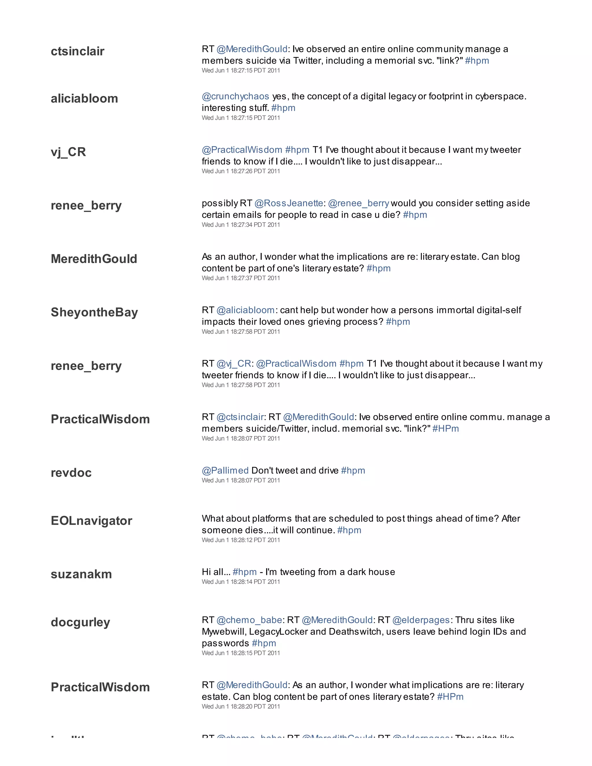 ctsinclair        RT @MeredithGould: Ive observed an entire online community manage a
                  members suicide via Twitter, including a memorial svc. "link?" #hpm
                  Wed Jun 1 18:27:15 PDT 2011



aliciabloom       @crunchychaos yes, the concept of a digital legacy or footprint in cyberspace.
                  interesting stuff. #hpm
                  Wed Jun 1 18:27:15 PDT 2011




vj_CR             @PracticalWisdom #hpm T1 I've thought about it because I want my tweeter
                  friends to know if I die.... I wouldn't like to just disappear...
                  Wed Jun 1 18:27:26 PDT 2011




renee_berry       possibly RT @RossJeanette: @renee_berry would you consider setting aside
                  certain emails for people to read in case u die? #hpm
                  Wed Jun 1 18:27:34 PDT 2011




MeredithGould     As an author, I wonder what the implications are re: literary estate. Can blog
                  content be part of one's literary estate? #hpm
                  Wed Jun 1 18:27:37 PDT 2011




SheyontheBay      RT @aliciabloom: cant help but wonder how a persons immortal digital-self
                  impacts their loved ones grieving process? #hpm
                  Wed Jun 1 18:27:58 PDT 2011




renee_berry       RT @vj_CR: @PracticalWisdom #hpm T1 I've thought about it because I want my
                  tweeter friends to know if I die.... I wouldn't like to just disappear...
                  Wed Jun 1 18:27:58 PDT 2011




PracticalWisdom   RT @ctsinclair: RT @MeredithGould: Ive observed entire online commu. manage a
                  members suicide/Twitter, includ. memorial svc. "link?" #HPm
                  Wed Jun 1 18:28:07 PDT 2011




revdoc            @Pallimed Don't tweet and drive #hpm
                  Wed Jun 1 18:28:07 PDT 2011




EOLnavigator      What about platforms that are scheduled to post things ahead of time? After
                  someone dies....it will continue. #hpm
                  Wed Jun 1 18:28:12 PDT 2011




suzanakm          Hi all... #hpm - I'm tweeting from a dark house
                  Wed Jun 1 18:28:14 PDT 2011




docgurley         RT @chemo_babe: RT @MeredithGould: RT @elderpages: Thru sites like
                  Mywebwill, LegacyLocker and Deathswitch, users leave behind login IDs and
                  passwords #hpm
                  Wed Jun 1 18:28:15 PDT 2011




PracticalWisdom   RT @MeredithGould: As an author, I wonder what implications are re: literary
                  estate. Can blog content be part of ones literary estate? #HPm
                  Wed Jun 1 18:28:20 PDT 2011




iwellth           RT @chemo_babe: RT @MeredithGould: RT @elderpages: Thru sites like
 