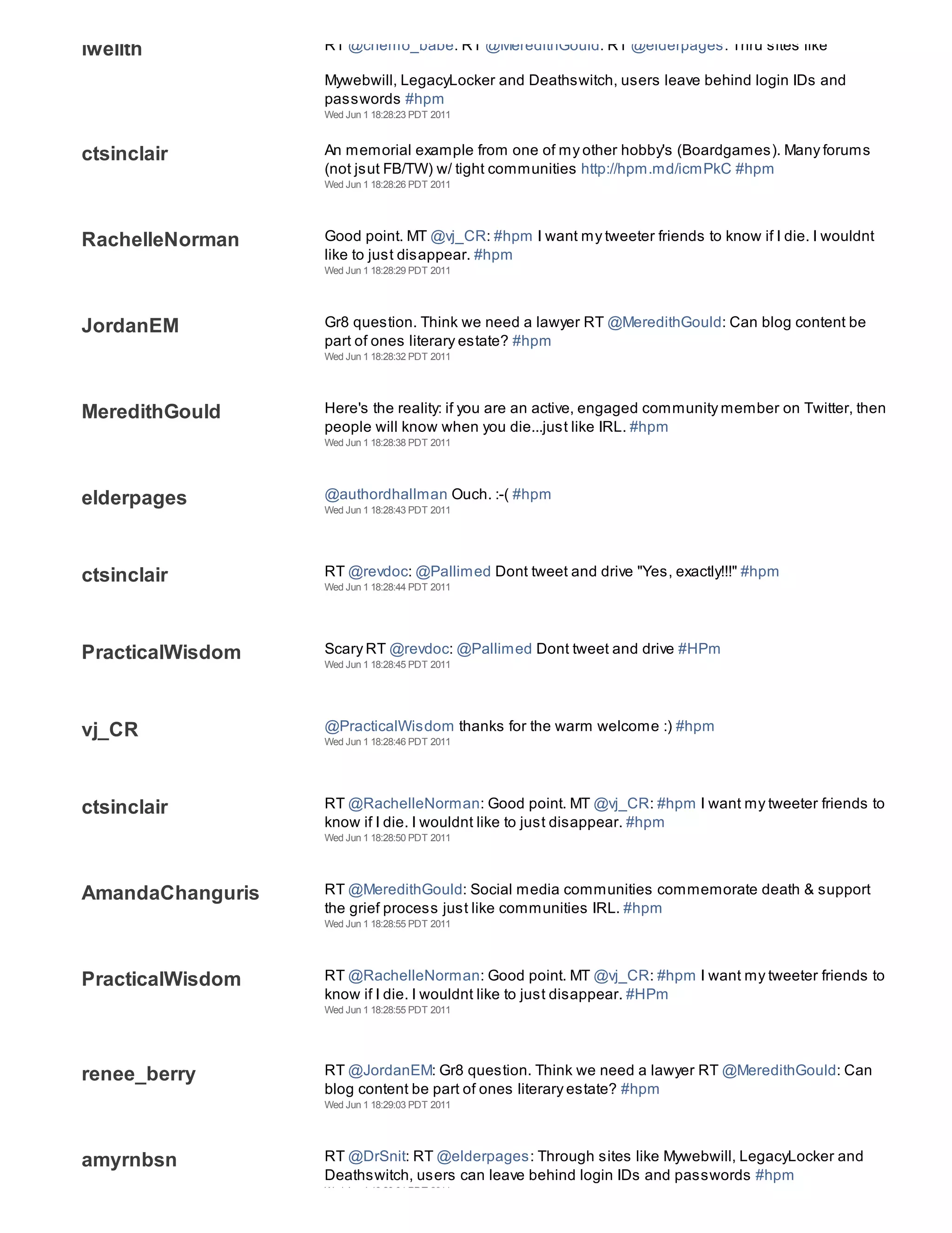 iwellth           RT @chemo_babe: RT @MeredithGould: RT @elderpages: Thru sites like

                  Mywebwill, LegacyLocker and Deathswitch, users leave behind login IDs and
                  passwords #hpm
                  Wed Jun 1 18:28:23 PDT 2011



ctsinclair        An memorial example from one of my other hobby's (Boardgames). Many forums
                  (not jsut FB/TW) w/ tight communities http://hpm.md/icmPkC #hpm
                  Wed Jun 1 18:28:26 PDT 2011




RachelleNorman    Good point. MT @vj_CR: #hpm I want my tweeter friends to know if I die. I wouldnt
                  like to just disappear. #hpm
                  Wed Jun 1 18:28:29 PDT 2011




JordanEM          Gr8 question. Think we need a lawyer RT @MeredithGould: Can blog content be
                  part of ones literary estate? #hpm
                  Wed Jun 1 18:28:32 PDT 2011




MeredithGould     Here's the reality: if you are an active, engaged community member on Twitter, then
                  people will know when you die...just like IRL. #hpm
                  Wed Jun 1 18:28:38 PDT 2011




elderpages        @authordhallman Ouch. :-( #hpm
                  Wed Jun 1 18:28:43 PDT 2011




ctsinclair        RT @revdoc: @Pallimed Dont tweet and drive "Yes, exactly!!!" #hpm
                  Wed Jun 1 18:28:44 PDT 2011




PracticalWisdom   Scary RT @revdoc: @Pallimed Dont tweet and drive #HPm
                  Wed Jun 1 18:28:45 PDT 2011




vj_CR             @PracticalWisdom thanks for the warm welcome :) #hpm
                  Wed Jun 1 18:28:46 PDT 2011




ctsinclair        RT @RachelleNorman: Good point. MT @vj_CR: #hpm I want my tweeter friends to
                  know if I die. I wouldnt like to just disappear. #hpm
                  Wed Jun 1 18:28:50 PDT 2011




AmandaChanguris   RT @MeredithGould: Social media communities commemorate death & support
                  the grief process just like communities IRL. #hpm
                  Wed Jun 1 18:28:55 PDT 2011




PracticalWisdom   RT @RachelleNorman: Good point. MT @vj_CR: #hpm I want my tweeter friends to
                  know if I die. I wouldnt like to just disappear. #HPm
                  Wed Jun 1 18:28:55 PDT 2011




renee_berry       RT @JordanEM: Gr8 question. Think we need a lawyer RT @MeredithGould: Can
                  blog content be part of ones literary estate? #hpm
                  Wed Jun 1 18:29:03 PDT 2011




amyrnbsn          RT @DrSnit: RT @elderpages: Through sites like Mywebwill, LegacyLocker and
                  Deathswitch, users can leave behind login IDs and passwords #hpm
                  Wed Jun 1 18:29:04 PDT 2011
 