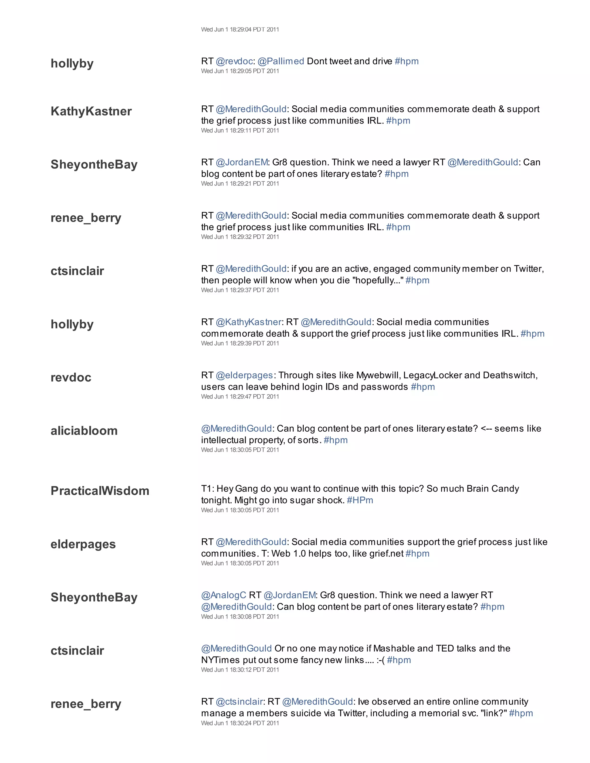 Wed Jun 1 18:29:04 PDT 2011




hollyby           RT @revdoc: @Pallimed Dont tweet and drive #hpm
                  Wed Jun 1 18:29:05 PDT 2011




KathyKastner      RT @MeredithGould: Social media communities commemorate death & support
                  the grief process just like communities IRL. #hpm
                  Wed Jun 1 18:29:11 PDT 2011




SheyontheBay      RT @JordanEM: Gr8 question. Think we need a lawyer RT @MeredithGould: Can
                  blog content be part of ones literary estate? #hpm
                  Wed Jun 1 18:29:21 PDT 2011




renee_berry       RT @MeredithGould: Social media communities commemorate death & support
                  the grief process just like communities IRL. #hpm
                  Wed Jun 1 18:29:32 PDT 2011




ctsinclair        RT @MeredithGould: if you are an active, engaged community member on Twitter,
                  then people will know when you die "hopefully..." #hpm
                  Wed Jun 1 18:29:37 PDT 2011




hollyby           RT @KathyKastner: RT @MeredithGould: Social media communities
                  commemorate death & support the grief process just like communities IRL. #hpm
                  Wed Jun 1 18:29:39 PDT 2011




revdoc            RT @elderpages: Through sites like Mywebwill, LegacyLocker and Deathswitch,
                  users can leave behind login IDs and passwords #hpm
                  Wed Jun 1 18:29:47 PDT 2011




aliciabloom       @MeredithGould: Can blog content be part of ones literary estate? <-- seems like
                  intellectual property, of sorts. #hpm
                  Wed Jun 1 18:30:05 PDT 2011




PracticalWisdom   T1: Hey Gang do you want to continue with this topic? So much Brain Candy
                  tonight. Might go into sugar shock. #HPm
                  Wed Jun 1 18:30:05 PDT 2011




elderpages        RT @MeredithGould: Social media communities support the grief process just like
                  communities. T: Web 1.0 helps too, like grief.net #hpm
                  Wed Jun 1 18:30:05 PDT 2011




SheyontheBay      @AnalogC RT @JordanEM: Gr8 question. Think we need a lawyer RT
                  @MeredithGould: Can blog content be part of ones literary estate? #hpm
                  Wed Jun 1 18:30:08 PDT 2011




ctsinclair        @MeredithGould Or no one may notice if Mashable and TED talks and the
                  NYTimes put out some fancy new links.... :-( #hpm
                  Wed Jun 1 18:30:12 PDT 2011




renee_berry       RT @ctsinclair: RT @MeredithGould: Ive observed an entire online community
                  manage a members suicide via Twitter, including a memorial svc. "link?" #hpm
                  Wed Jun 1 18:30:24 PDT 2011
 