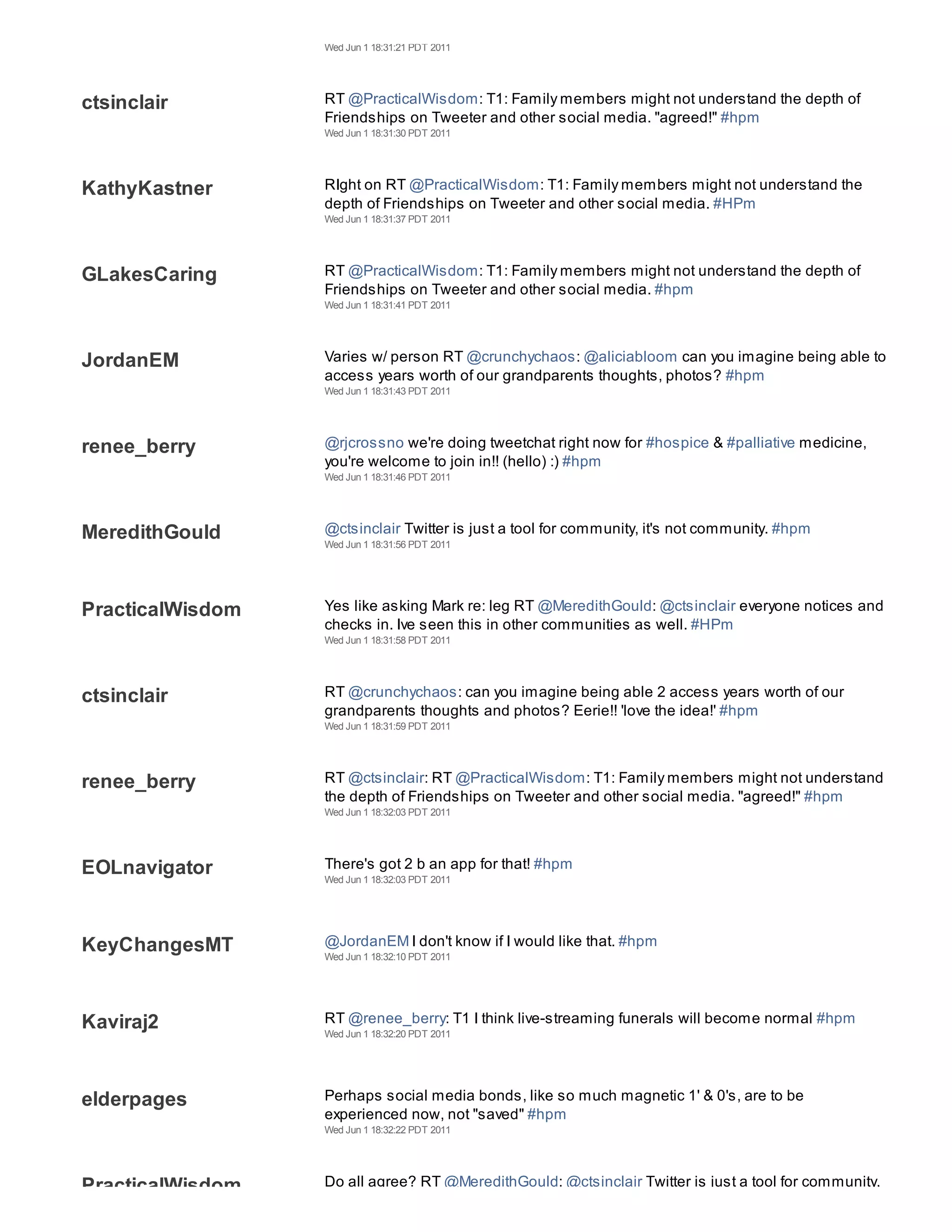 Wed Jun 1 18:31:21 PDT 2011




ctsinclair        RT @PracticalWisdom: T1: Family members might not understand the depth of
                  Friendships on Tweeter and other social media. "agreed!" #hpm
                  Wed Jun 1 18:31:30 PDT 2011




KathyKastner      RIght on RT @PracticalWisdom: T1: Family members might not understand the
                  depth of Friendships on Tweeter and other social media. #HPm
                  Wed Jun 1 18:31:37 PDT 2011




GLakesCaring      RT @PracticalWisdom: T1: Family members might not understand the depth of
                  Friendships on Tweeter and other social media. #hpm
                  Wed Jun 1 18:31:41 PDT 2011




JordanEM          Varies w/ person RT @crunchychaos: @aliciabloom can you imagine being able to
                  access years worth of our grandparents thoughts, photos? #hpm
                  Wed Jun 1 18:31:43 PDT 2011




renee_berry       @rjcrossno we're doing tweetchat right now for #hospice & #palliative medicine,
                  you're welcome to join in!! (hello) :) #hpm
                  Wed Jun 1 18:31:46 PDT 2011




MeredithGould     @ctsinclair Twitter is just a tool for community, it's not community. #hpm
                  Wed Jun 1 18:31:56 PDT 2011




PracticalWisdom   Yes like asking Mark re: leg RT @MeredithGould: @ctsinclair everyone notices and
                  checks in. Ive seen this in other communities as well. #HPm
                  Wed Jun 1 18:31:58 PDT 2011




ctsinclair        RT @crunchychaos: can you imagine being able 2 access years worth of our
                  grandparents thoughts and photos? Eerie!! 'love the idea!' #hpm
                  Wed Jun 1 18:31:59 PDT 2011




renee_berry       RT @ctsinclair: RT @PracticalWisdom: T1: Family members might not understand
                  the depth of Friendships on Tweeter and other social media. "agreed!" #hpm
                  Wed Jun 1 18:32:03 PDT 2011




EOLnavigator      There's got 2 b an app for that! #hpm
                  Wed Jun 1 18:32:03 PDT 2011




KeyChangesMT      @JordanEM I don't know if I would like that. #hpm
                  Wed Jun 1 18:32:10 PDT 2011




Kaviraj2          RT @renee_berry: T1 I think live-streaming funerals will become normal #hpm
                  Wed Jun 1 18:32:20 PDT 2011




elderpages        Perhaps social media bonds, like so much magnetic 1' & 0's, are to be
                  experienced now, not "saved" #hpm
                  Wed Jun 1 18:32:22 PDT 2011




PracticalWisdom   Do all agree? RT @MeredithGould: @ctsinclair Twitter is just a tool for community,
 
