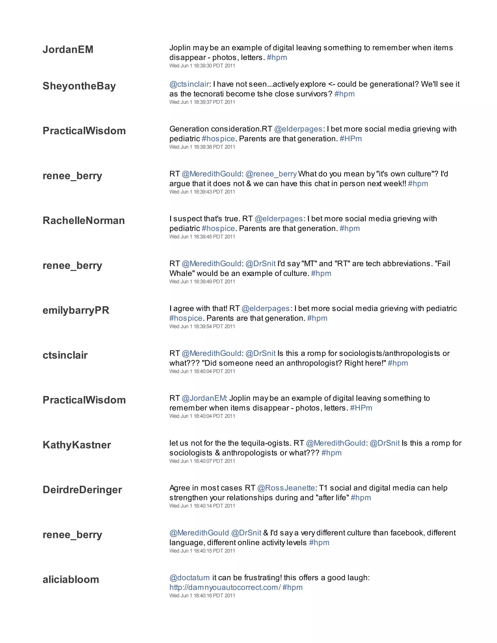 JordanEM          Joplin may be an example of digital leaving something to remember when items
                  disappear - photos, letters. #hpm
                  Wed Jun 1 18:39:30 PDT 2011



SheyontheBay      @ctsinclair: I have not seen...actively explore <- could be generational? We'll see it
                  as the tecnorati become tshe close survivors? #hpm
                  Wed Jun 1 18:39:37 PDT 2011




PracticalWisdom   Generation consideration.RT @elderpages: I bet more social media grieving with
                  pediatric #hospice. Parents are that generation. #HPm
                  Wed Jun 1 18:39:38 PDT 2011




renee_berry       RT @MeredithGould: @renee_berry What do you mean by "it's own culture"? I'd
                  argue that it does not & we can have this chat in person next week!! #hpm
                  Wed Jun 1 18:39:43 PDT 2011




RachelleNorman    I suspect that's true. RT @elderpages: I bet more social media grieving with
                  pediatric #hospice. Parents are that generation. #hpm
                  Wed Jun 1 18:39:45 PDT 2011




renee_berry       RT @MeredithGould: @DrSnit I'd say "MT" and "RT" are tech abbreviations. "Fail
                  Whale" would be an example of culture. #hpm
                  Wed Jun 1 18:39:49 PDT 2011




emilybarryPR      I agree with that! RT @elderpages: I bet more social media grieving with pediatric
                  #hospice. Parents are that generation. #hpm
                  Wed Jun 1 18:39:54 PDT 2011




ctsinclair        RT @MeredithGould: @DrSnit Is this a romp for sociologists/anthropologists or
                  what??? "Did someone need an anthropologist? Right here!" #hpm
                  Wed Jun 1 18:40:04 PDT 2011




PracticalWisdom   RT @JordanEM: Joplin may be an example of digital leaving something to
                  remember when items disappear - photos, letters. #HPm
                  Wed Jun 1 18:40:04 PDT 2011




KathyKastner      let us not for the the tequila-ogists. RT @MeredithGould: @DrSnit Is this a romp for
                  sociologists & anthropologists or what??? #hpm
                  Wed Jun 1 18:40:07 PDT 2011




DeirdreDeringer   Agree in most cases RT @RossJeanette: T1 social and digital media can help
                  strengthen your relationships during and "after life" #hpm
                  Wed Jun 1 18:40:14 PDT 2011




renee_berry       @MeredithGould @DrSnit & I'd say a very different culture than facebook, different
                  language, different online activity levels #hpm
                  Wed Jun 1 18:40:15 PDT 2011




aliciabloom       @doctatum it can be frustrating! this offers a good laugh:
                  http://damnyouautocorrect.com/ #hpm
                  Wed Jun 1 18:40:16 PDT 2011




doctatum          RT @JordanEM: Joplin may be an example of digital leaving something to
 