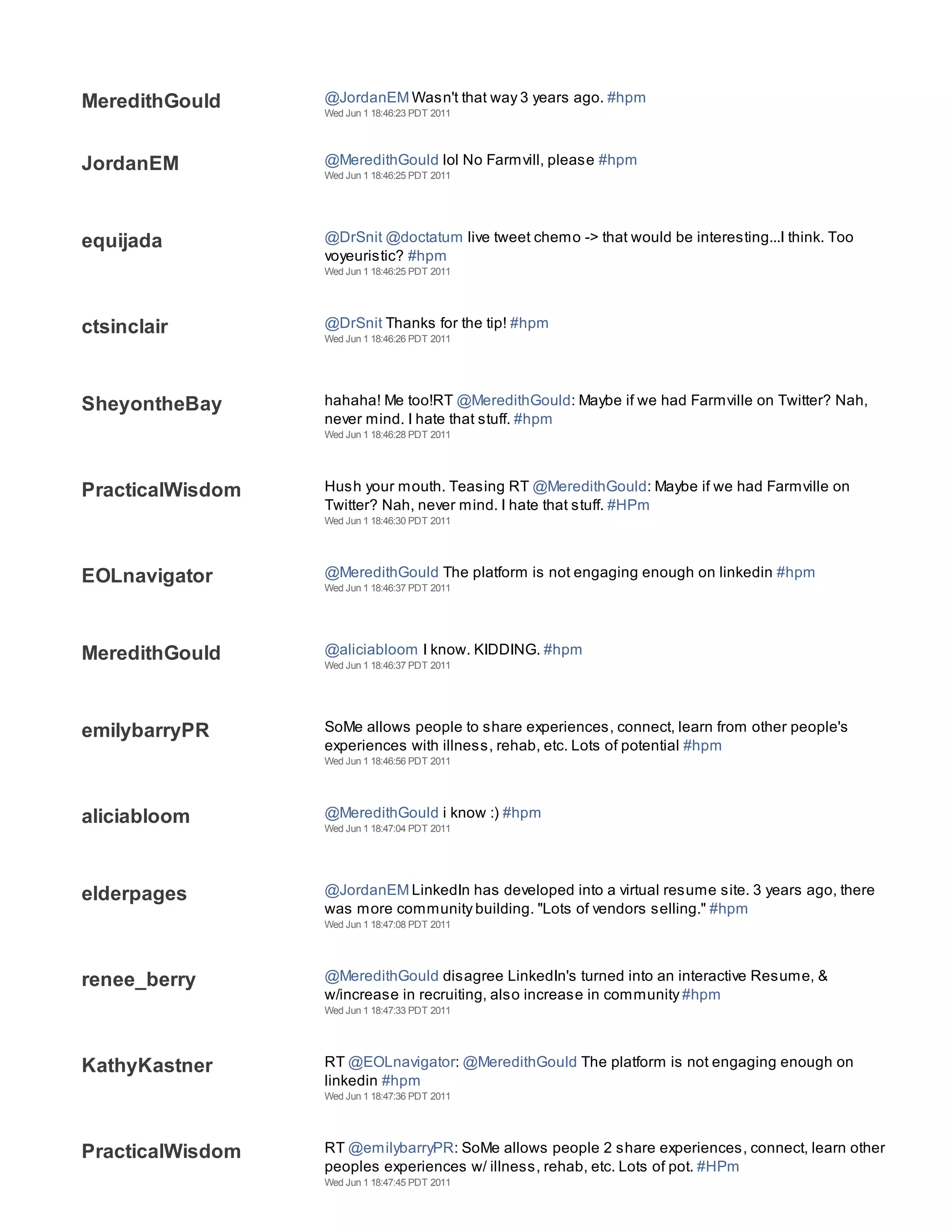 MeredithGould     @JordanEM Wasn't that way 3 years ago. #hpm
                  Wed Jun 1 18:46:23 PDT 2011




JordanEM          @MeredithGould lol No Farmvill, please #hpm
                  Wed Jun 1 18:46:25 PDT 2011




equijada          @DrSnit @doctatum live tweet chemo -> that would be interesting...I think. Too
                  voyeuristic? #hpm
                  Wed Jun 1 18:46:25 PDT 2011




ctsinclair        @DrSnit Thanks for the tip! #hpm
                  Wed Jun 1 18:46:26 PDT 2011




SheyontheBay      hahaha! Me too!RT @MeredithGould: Maybe if we had Farmville on Twitter? Nah,
                  never mind. I hate that stuff. #hpm
                  Wed Jun 1 18:46:28 PDT 2011




PracticalWisdom   Hush your mouth. Teasing RT @MeredithGould: Maybe if we had Farmville on
                  Twitter? Nah, never mind. I hate that stuff. #HPm
                  Wed Jun 1 18:46:30 PDT 2011




EOLnavigator      @MeredithGould The platform is not engaging enough on linkedin #hpm
                  Wed Jun 1 18:46:37 PDT 2011




MeredithGould     @aliciabloom I know. KIDDING. #hpm
                  Wed Jun 1 18:46:37 PDT 2011




emilybarryPR      SoMe allows people to share experiences, connect, learn from other people's
                  experiences with illness, rehab, etc. Lots of potential #hpm
                  Wed Jun 1 18:46:56 PDT 2011




aliciabloom       @MeredithGould i know :) #hpm
                  Wed Jun 1 18:47:04 PDT 2011




elderpages        @JordanEM LinkedIn has developed into a virtual resume site. 3 years ago, there
                  was more community building. "Lots of vendors selling." #hpm
                  Wed Jun 1 18:47:08 PDT 2011




renee_berry       @MeredithGould disagree LinkedIn's turned into an interactive Resume, &
                  w/increase in recruiting, also increase in community #hpm
                  Wed Jun 1 18:47:33 PDT 2011




KathyKastner      RT @EOLnavigator: @MeredithGould The platform is not engaging enough on
                  linkedin #hpm
                  Wed Jun 1 18:47:36 PDT 2011




PracticalWisdom   RT @emilybarryPR: SoMe allows people 2 share experiences, connect, learn other
                  peoples experiences w/ illness, rehab, etc. Lots of pot. #HPm
                  Wed Jun 1 18:47:45 PDT 2011
 