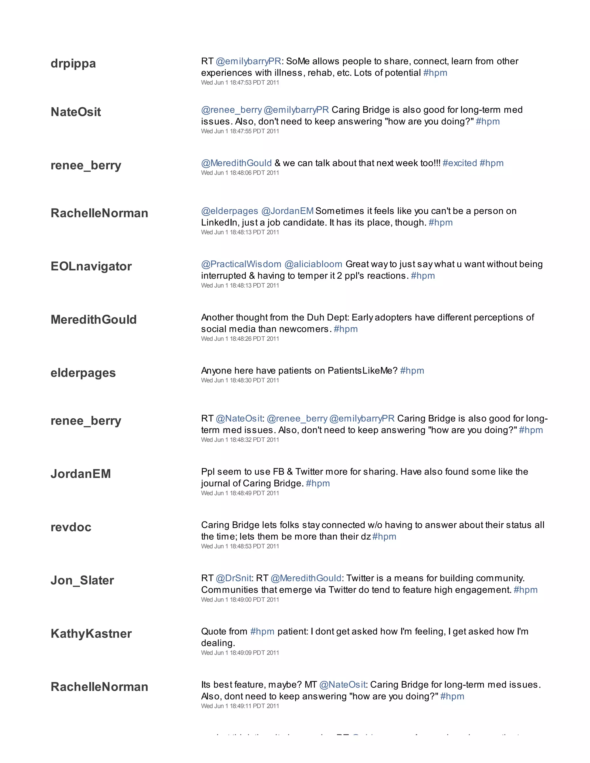 Wed Jun 1 18:47:45 PDT 2011




drpippa          RT @emilybarryPR: SoMe allows people to share, connect, learn from other
                 experiences with illness, rehab, etc. Lots of potential #hpm
                 Wed Jun 1 18:47:53 PDT 2011




NateOsit         @renee_berry @emilybarryPR Caring Bridge is also good for long-term med
                 issues. Also, don't need to keep answering "how are you doing?" #hpm
                 Wed Jun 1 18:47:55 PDT 2011




renee_berry      @MeredithGould & we can talk about that next week too!!! #excited #hpm
                 Wed Jun 1 18:48:06 PDT 2011




RachelleNorman   @elderpages @JordanEM Sometimes it feels like you can't be a person on
                 LinkedIn, just a job candidate. It has its place, though. #hpm
                 Wed Jun 1 18:48:13 PDT 2011




EOLnavigator     @PracticalWisdom @aliciabloom Great way to just say what u want without being
                 interrupted & having to temper it 2 ppl's reactions. #hpm
                 Wed Jun 1 18:48:13 PDT 2011




MeredithGould    Another thought from the Duh Dept: Early adopters have different perceptions of
                 social media than newcomers. #hpm
                 Wed Jun 1 18:48:26 PDT 2011




elderpages       Anyone here have patients on PatientsLikeMe? #hpm
                 Wed Jun 1 18:48:30 PDT 2011




renee_berry      RT @NateOsit: @renee_berry @emilybarryPR Caring Bridge is also good for long-
                 term med issues. Also, don't need to keep answering "how are you doing?" #hpm
                 Wed Jun 1 18:48:32 PDT 2011




JordanEM         Ppl seem to use FB & Twitter more for sharing. Have also found some like the
                 journal of Caring Bridge. #hpm
                 Wed Jun 1 18:48:49 PDT 2011




revdoc           Caring Bridge lets folks stay connected w/o having to answer about their status all
                 the time; lets them be more than their dz #hpm
                 Wed Jun 1 18:48:53 PDT 2011




Jon_Slater       RT @DrSnit: RT @MeredithGould: Twitter is a means for building community.
                 Communities that emerge via Twitter do tend to feature high engagement. #hpm
                 Wed Jun 1 18:49:00 PDT 2011




KathyKastner     Quote from #hpm patient: I dont get asked how I'm feeling, I get asked how I'm
                 dealing.
                 Wed Jun 1 18:49:09 PDT 2011




RachelleNorman   Its best feature, maybe? MT @NateOsit: Caring Bridge for long-term med issues.
                 Also, dont need to keep answering "how are you doing?" #hpm
                 Wed Jun 1 18:49:11 PDT 2011




renee_berry      no, but think the site is amazing RT @elderpages: Anyone here have patients on
 