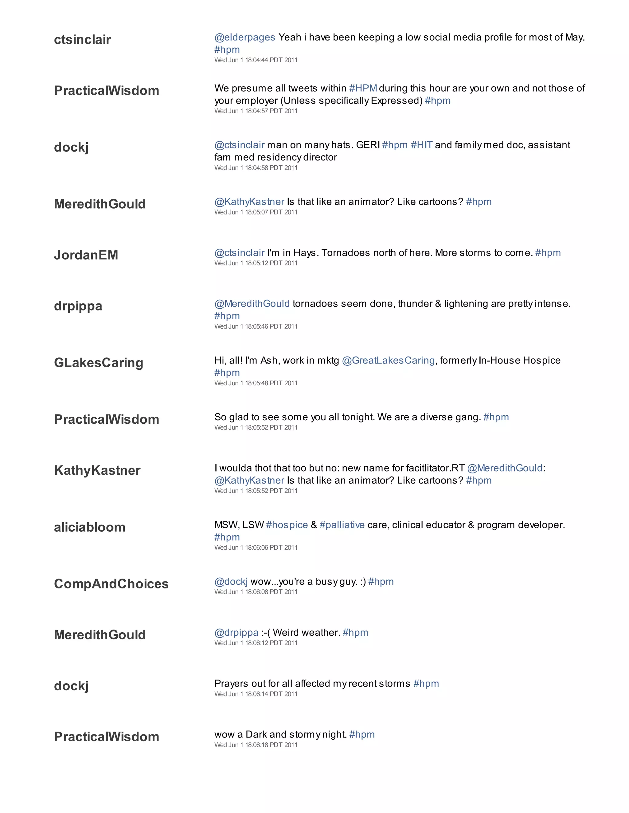 ctsinclair        @elderpages Yeah i have been keeping a low social media profile for most of May.
                  #hpm
                  Wed Jun 1 18:04:44 PDT 2011



PracticalWisdom   We presume all tweets within #HPM during this hour are your own and not those of
                  your employer (Unless specifically Expressed) #hpm
                  Wed Jun 1 18:04:57 PDT 2011




dockj             @ctsinclair man on many hats. GERI #hpm #HIT and family med doc, assistant
                  fam med residency director
                  Wed Jun 1 18:04:58 PDT 2011




MeredithGould     @KathyKastner Is that like an animator? Like cartoons? #hpm
                  Wed Jun 1 18:05:07 PDT 2011




JordanEM          @ctsinclair I'm in Hays. Tornadoes north of here. More storms to come. #hpm
                  Wed Jun 1 18:05:12 PDT 2011




drpippa           @MeredithGould tornadoes seem done, thunder & lightening are pretty intense.
                  #hpm
                  Wed Jun 1 18:05:46 PDT 2011




GLakesCaring      Hi, all! I'm Ash, work in mktg @GreatLakesCaring, formerly In-House Hospice
                  #hpm
                  Wed Jun 1 18:05:48 PDT 2011




PracticalWisdom   So glad to see some you all tonight. We are a diverse gang. #hpm
                  Wed Jun 1 18:05:52 PDT 2011




KathyKastner      I woulda thot that too but no: new name for facitlitator.RT @MeredithGould:
                  @KathyKastner Is that like an animator? Like cartoons? #hpm
                  Wed Jun 1 18:05:52 PDT 2011




aliciabloom       MSW, LSW #hospice & #palliative care, clinical educator & program developer.
                  #hpm
                  Wed Jun 1 18:06:06 PDT 2011




CompAndChoices    @dockj wow...you're a busy guy. :) #hpm
                  Wed Jun 1 18:06:08 PDT 2011




MeredithGould     @drpippa :-( Weird weather. #hpm
                  Wed Jun 1 18:06:12 PDT 2011




dockj             Prayers out for all affected my recent storms #hpm
                  Wed Jun 1 18:06:14 PDT 2011




PracticalWisdom   wow a Dark and stormy night. #hpm
                  Wed Jun 1 18:06:18 PDT 2011
 