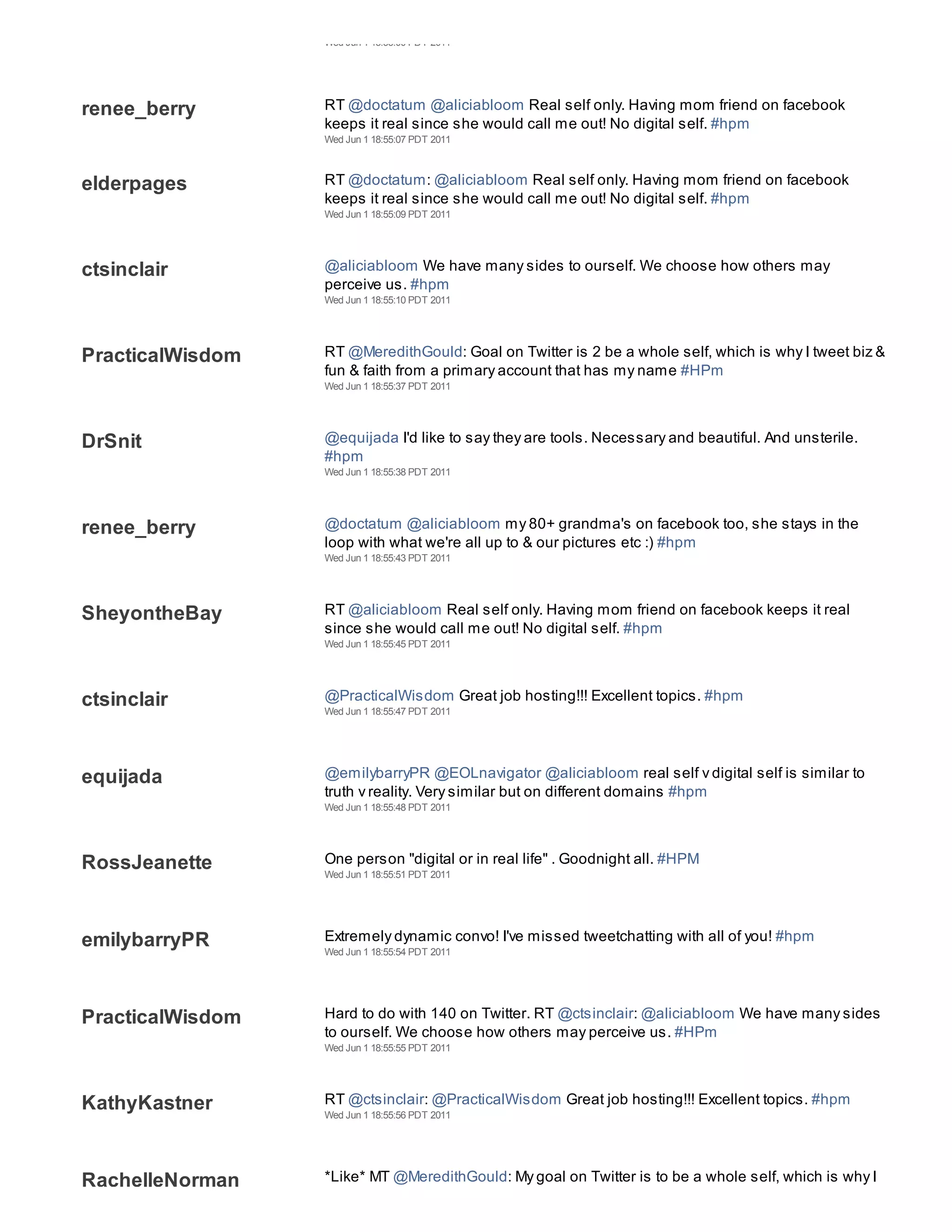 Wed Jun 1 18:55:00 PDT 2011




renee_berry       RT @doctatum @aliciabloom Real self only. Having mom friend on facebook
                  keeps it real since she would call me out! No digital self. #hpm
                  Wed Jun 1 18:55:07 PDT 2011



elderpages        RT @doctatum: @aliciabloom Real self only. Having mom friend on facebook
                  keeps it real since she would call me out! No digital self. #hpm
                  Wed Jun 1 18:55:09 PDT 2011




ctsinclair        @aliciabloom We have many sides to ourself. We choose how others may
                  perceive us. #hpm
                  Wed Jun 1 18:55:10 PDT 2011




PracticalWisdom   RT @MeredithGould: Goal on Twitter is 2 be a whole self, which is why I tweet biz &
                  fun & faith from a primary account that has my name #HPm
                  Wed Jun 1 18:55:37 PDT 2011




DrSnit            @equijada I'd like to say they are tools. Necessary and beautiful. And unsterile.
                  #hpm
                  Wed Jun 1 18:55:38 PDT 2011




renee_berry       @doctatum @aliciabloom my 80+ grandma's on facebook too, she stays in the
                  loop with what we're all up to & our pictures etc :) #hpm
                  Wed Jun 1 18:55:43 PDT 2011




SheyontheBay      RT @aliciabloom Real self only. Having mom friend on facebook keeps it real
                  since she would call me out! No digital self. #hpm
                  Wed Jun 1 18:55:45 PDT 2011




ctsinclair        @PracticalWisdom Great job hosting!!! Excellent topics. #hpm
                  Wed Jun 1 18:55:47 PDT 2011




equijada          @emilybarryPR @EOLnavigator @aliciabloom real self v digital self is similar to
                  truth v reality. Very similar but on different domains #hpm
                  Wed Jun 1 18:55:48 PDT 2011




RossJeanette      One person "digital or in real life" . Goodnight all. #HPM
                  Wed Jun 1 18:55:51 PDT 2011




emilybarryPR      Extremely dynamic convo! I've missed tweetchatting with all of you! #hpm
                  Wed Jun 1 18:55:54 PDT 2011




PracticalWisdom   Hard to do with 140 on Twitter. RT @ctsinclair: @aliciabloom We have many sides
                  to ourself. We choose how others may perceive us. #HPm
                  Wed Jun 1 18:55:55 PDT 2011




KathyKastner      RT @ctsinclair: @PracticalWisdom Great job hosting!!! Excellent topics. #hpm
                  Wed Jun 1 18:55:56 PDT 2011




RachelleNorman    *Like* MT @MeredithGould: My goal on Twitter is to be a whole self, which is why I
 