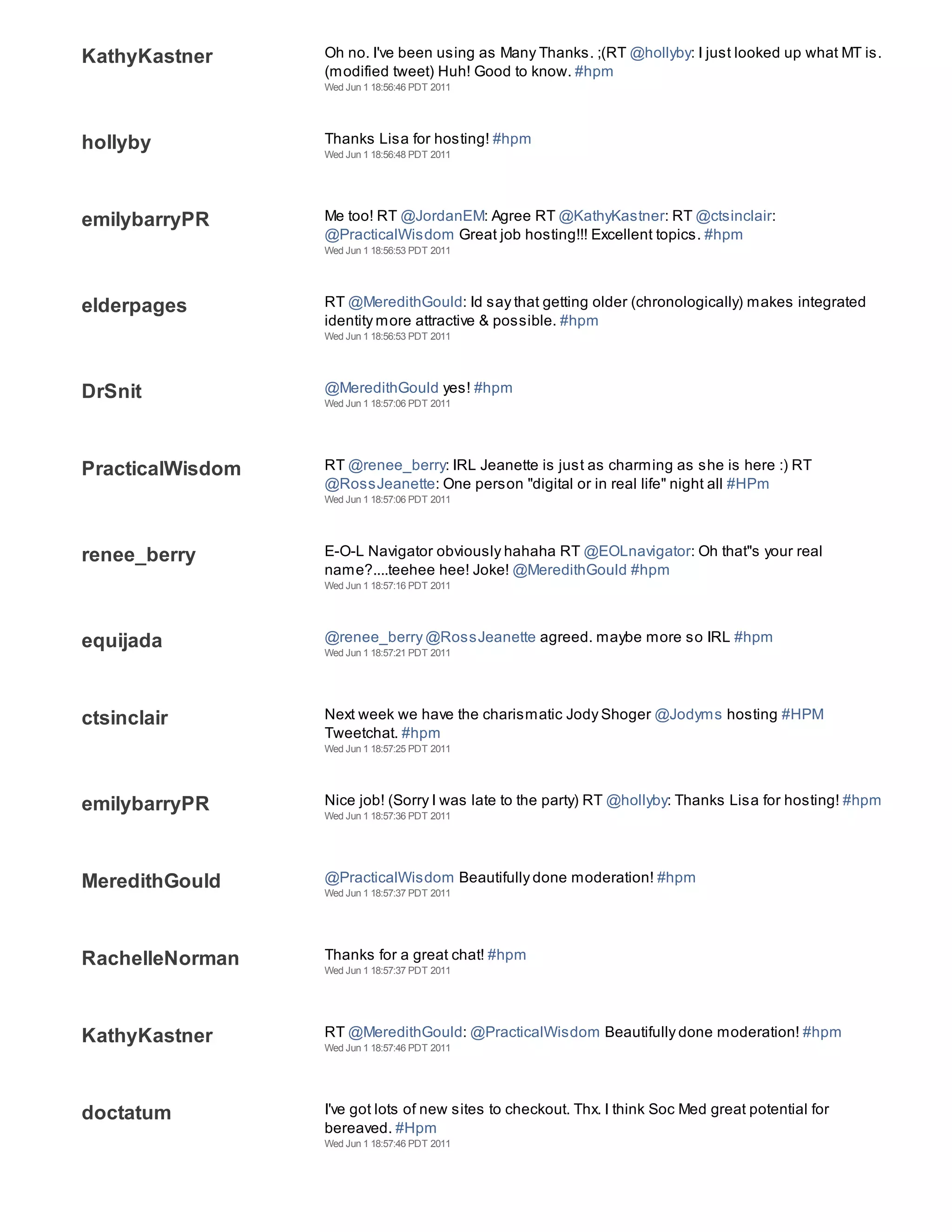 KathyKastner      Oh no. I've been using as Many Thanks. ;(RT @hollyby: I just looked up what MT is.
                  (modified tweet) Huh! Good to know. #hpm
                  Wed Jun 1 18:56:46 PDT 2011




hollyby           Thanks Lisa for hosting! #hpm
                  Wed Jun 1 18:56:48 PDT 2011




emilybarryPR      Me too! RT @JordanEM: Agree RT @KathyKastner: RT @ctsinclair:
                  @PracticalWisdom Great job hosting!!! Excellent topics. #hpm
                  Wed Jun 1 18:56:53 PDT 2011




elderpages        RT @MeredithGould: Id say that getting older (chronologically) makes integrated
                  identity more attractive & possible. #hpm
                  Wed Jun 1 18:56:53 PDT 2011




DrSnit            @MeredithGould yes! #hpm
                  Wed Jun 1 18:57:06 PDT 2011




PracticalWisdom   RT @renee_berry: IRL Jeanette is just as charming as she is here :) RT
                  @RossJeanette: One person "digital or in real life" night all #HPm
                  Wed Jun 1 18:57:06 PDT 2011




renee_berry       E-O-L Navigator obviously hahaha RT @EOLnavigator: Oh that"s your real
                  name?....teehee hee! Joke! @MeredithGould #hpm
                  Wed Jun 1 18:57:16 PDT 2011




equijada          @renee_berry @RossJeanette agreed. maybe more so IRL #hpm
                  Wed Jun 1 18:57:21 PDT 2011




ctsinclair        Next week we have the charismatic Jody Shoger @Jodyms hosting #HPM
                  Tweetchat. #hpm
                  Wed Jun 1 18:57:25 PDT 2011




emilybarryPR      Nice job! (Sorry I was late to the party) RT @hollyby: Thanks Lisa for hosting! #hpm
                  Wed Jun 1 18:57:36 PDT 2011




MeredithGould     @PracticalWisdom Beautifully done moderation! #hpm
                  Wed Jun 1 18:57:37 PDT 2011




RachelleNorman    Thanks for a great chat! #hpm
                  Wed Jun 1 18:57:37 PDT 2011




KathyKastner      RT @MeredithGould: @PracticalWisdom Beautifully done moderation! #hpm
                  Wed Jun 1 18:57:46 PDT 2011




doctatum          I've got lots of new sites to checkout. Thx. I think Soc Med great potential for
                  bereaved. #Hpm
                  Wed Jun 1 18:57:46 PDT 2011
 