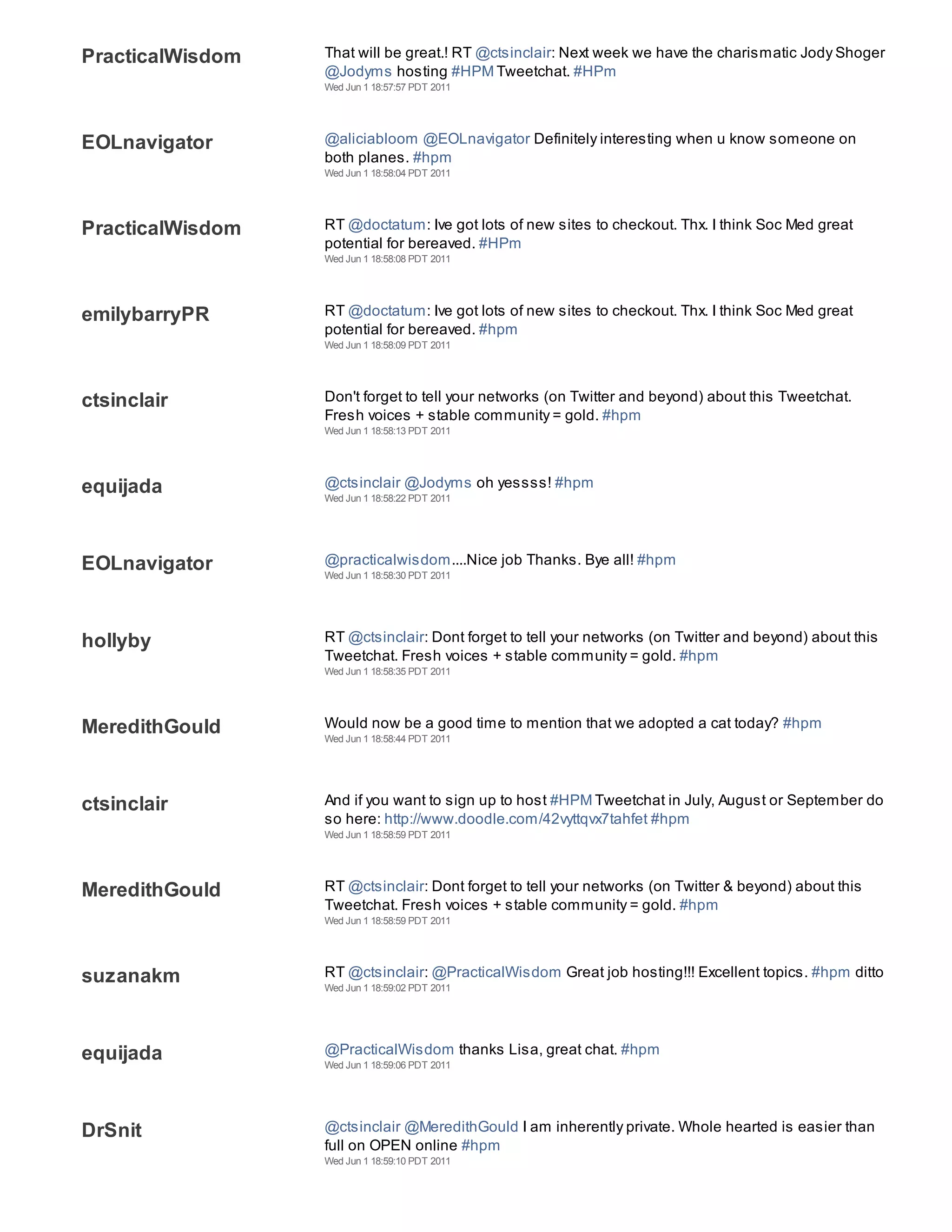 PracticalWisdom   That will be great.! RT @ctsinclair: Next week we have the charismatic Jody Shoger
                  @Jodyms hosting #HPM Tweetchat. #HPm
                  Wed Jun 1 18:57:57 PDT 2011




EOLnavigator      @aliciabloom @EOLnavigator Definitely interesting when u know someone on
                  both planes. #hpm
                  Wed Jun 1 18:58:04 PDT 2011




PracticalWisdom   RT @doctatum: Ive got lots of new sites to checkout. Thx. I think Soc Med great
                  potential for bereaved. #HPm
                  Wed Jun 1 18:58:08 PDT 2011




emilybarryPR      RT @doctatum: Ive got lots of new sites to checkout. Thx. I think Soc Med great
                  potential for bereaved. #hpm
                  Wed Jun 1 18:58:09 PDT 2011




ctsinclair        Don't forget to tell your networks (on Twitter and beyond) about this Tweetchat.
                  Fresh voices + stable community = gold. #hpm
                  Wed Jun 1 18:58:13 PDT 2011




equijada          @ctsinclair @Jodyms oh yessss! #hpm
                  Wed Jun 1 18:58:22 PDT 2011




EOLnavigator      @practicalwisdom....Nice job Thanks. Bye all! #hpm
                  Wed Jun 1 18:58:30 PDT 2011




hollyby           RT @ctsinclair: Dont forget to tell your networks (on Twitter and beyond) about this
                  Tweetchat. Fresh voices + stable community = gold. #hpm
                  Wed Jun 1 18:58:35 PDT 2011




MeredithGould     Would now be a good time to mention that we adopted a cat today? #hpm
                  Wed Jun 1 18:58:44 PDT 2011




ctsinclair        And if you want to sign up to host #HPM Tweetchat in July, August or September do
                  so here: http://www.doodle.com/42vyttqvx7tahfet #hpm
                  Wed Jun 1 18:58:59 PDT 2011




MeredithGould     RT @ctsinclair: Dont forget to tell your networks (on Twitter & beyond) about this
                  Tweetchat. Fresh voices + stable community = gold. #hpm
                  Wed Jun 1 18:58:59 PDT 2011




suzanakm          RT @ctsinclair: @PracticalWisdom Great job hosting!!! Excellent topics. #hpm ditto
                  Wed Jun 1 18:59:02 PDT 2011




equijada          @PracticalWisdom thanks Lisa, great chat. #hpm
                  Wed Jun 1 18:59:06 PDT 2011




DrSnit            @ctsinclair @MeredithGould I am inherently private. Whole hearted is easier than
                  full on OPEN online #hpm
                  Wed Jun 1 18:59:10 PDT 2011
 
