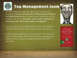 Top Management team In 1990, Starbucks under the direction of the four key executives,  Howard Schultz ,  Dave Olsen ,  Howard Behar , and  Orin Smith  drafted its first mission statement, and the number one was to  “ provide a great work environment and treat each other with respect and dignity. ” As the company grew, additional executives were added in marketing, human resources, finance, store supervision… Leadership development is a core element of the business process at Starbucks, which ensure that the organizational culture of the company is maintained with every CEO successor. June 1, 2011 