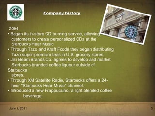 June 1, 2011 Company history 2004 •  Began its in-store CD burning service, allowing customers to create personalized CDs at the  Starbucks  Hear Music •  Through Tazo and Kraft Foods they began distributing Tazo super-premium teas in U.S. grocery stores. •  Jim Beam Brands Co. agrees to develop and market Starbucks-branded coffee liqueur outside of Starbucks  stores. •  Through XM Satellite Radio, Starbucks offers a 24-  hour  "Starbucks Hear Music" channel. •  Introduced a new Frappuccino, a light blended coffee beverage. 