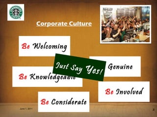 Corporate Culture June 1, 2011 Be  Welcoming Be  Genuine Be  Considerate Be  Involved Be  Knowledgeable Just Say  Yes ! 