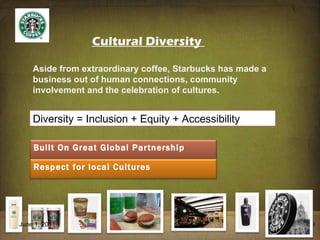 Cultural Diversity  June 1, 2011 Aside from extraordinary coffee, Starbucks has made a business out of human connections, community involvement and the celebration of cultures. Diversity = Inclusion + Equity + Accessibility  Built On Great Global Partnership Respect for local Cultures 