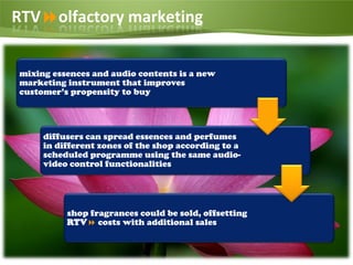 RTVolfactory marketing


   mixing essences and audio contents is a new
   marketing instrument that improves
   customer’s propensity to buy




            diffusers can spread essences and perfumes
            in different zones of the shop according to a
            scheduled programme using the same audio-
            video control functionalities




                 shop fragrances could be sold, offsetting
                 RTV costs with additional sales


Page  15
 