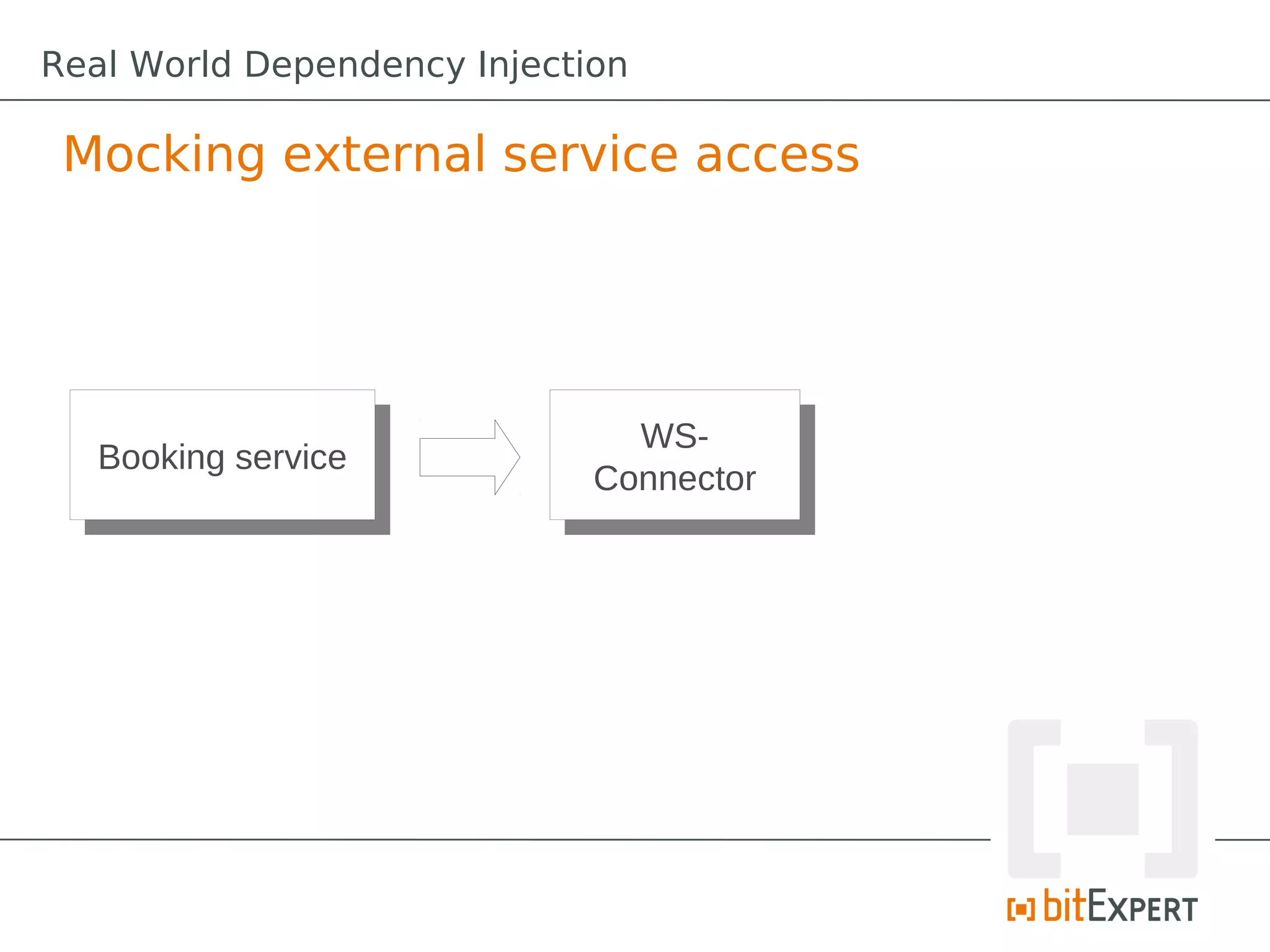 Mocking external service access
Booking serviceBooking service WS-
Connector
WS-
Connector
Real World Dependency Injection
 