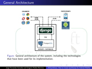 General Architecture




  Figure: General architecture of the system, including the technologies
  that have been used for its implementation.


 Jorge Fern´ndez Gonz´lez and Gregorio Robles Mart´
           a         a                            ınez   M-Gymkhana: How to Create Gymkhanas for Android Mobiles
 