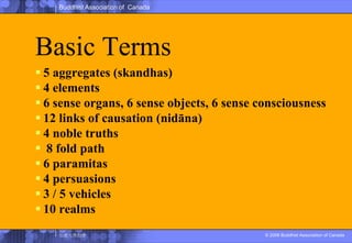 Basic Terms5 aggregates (skandhas)4 elements6 sense organs, 6 sense objects, 6 sense consciousness12 links of causation (nidāna)4 noble truths 8 fold path6 paramitas4 persuasions3 / 5 vehicles10 realms