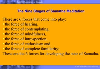 The Nine Stages of Samatha MeditationThere are 6 forces that come into play: the force of hearing, the force of contemplating, the force of mindfulness, the force of introspection, the force of enthusiasm andthe force of complete familiarity; These are the 6 forces for developing the state of Samatha. 