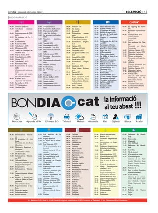 dilluns 6 de juny de 2011                                                                                                                        televIsIÓ 15
PROGRAMACIÓ


06.00	 Noticias	24	horas.             06.00	   TVE	es	música.		             06.00	    Notícies	3/24.               06.10	   Mars	del	món.	(ST)           07.00	 El	 zapping	 de	 Surfe-
06.30	 Telediario	       matinal.	    07.00	   Conciertos	de	Radio-3.       08.00	    Els	matins.                  06.50	   El	bon	disseny.	(ST)                 ros.
       (ST)                           07.30	   Documentals.	(ST)            13.15	    Bocamoll.		                  07.20	   El	jardiner	de	ciutat.       07.45	 El	último	supervivien-
                                      09.30	   Aquí	hay	trabajo.                                                   07.40	   Retalls	de	món.	(ST)                 te.
09.00	 Los	desayunos	de	TVE.	                                               14.00	    Telenotícies	       comar-   08.00	   La	volta	al	Pacífic	amb	     09.30	 Alerta	Cobra.	(ST)
       (ST)                           10.00	   La	 aventura	 del	 saber.	             ques.	                                Michael	Palin.
                                               (ST)                                                                                                      	       Asunto familiar.
10.15	 La	 mañana	 de	 La	 1.	                                              14.20	    El	medi	ambient.	(ST)        08.50	   Viatges	 i	 aventures.	
                                      11.00	   Nosotros	      también.	                                                                                          Secuestrada.
       (ST)                                                                 	         El fals part de l’escurçó.            (ST)                                 Infarto.
14.00	 L’informatiu.	                          (ST)                         14.30	    Telenotícies	 migdia.	       09.35	   Catalunya	 des	 de	 l’ai-
                                                                                                                                                         12.30	 Las	 mañanas	 de	 Cua-
14.30	 Corazón.	(ST)                  11.30	   Tres	14.	(ST)                          (ST)                                  re.	(ST)
                                                                                                                   10.00	   Formatges	del	món.                   tro.
15.00	 Telediario	1.	(ST)             12.00	   Documentals.	(ST)            15.40	    Cuines.	(ST)                                                       	       Presentat	 per	 Marta	
                                      13.00	   Para	todos	La	2.	(ST)                                               10.25	   Navegant	pels	sabors.
16.05	 El	tiempo.	(ST)                                                      15.50	    La	Riera.	(ST)	(N)           10.50	   Batecs	de	natura.	(ST)               Fernández.	
16.15	 Amar	 en	 tiempos	 re-         14.40	   Documentals	culturals.	      16.40	    Divendres.	(ST)                                                    14.00	 Noticias	Cuatro.	(ST)
                                                                                                                   11.05	   Segre	XX.	(ST)
       vueltos.	(ST)                           (ST)                                                                11.55	   El	documental.               14.50	 Deportes	Cuatro.	(ST)
                                                                            18.30	    Les	germanes	McLeod.	
17.00	 Soy	tu	dueña.	(ST)             15.30	   Saber	y	ganar.	(ST)                                                 13.00	   Viure	a	sang	freda.	         15.50	 Tonterías	las	justas.
                                                                                      (ST)
                                      16.00	   Grandes	 documenta-                                                 13.10	   En	 Mike	 el	 boig	 i	 en	   17.30	 Tienes	un	minuto.
18.20	 España	directo.	(ST)                                                 20.15	    Esport	Club.	(ST)
                                               les.	(ST)                                                                    Mark.	(ST)                   	       Presentat	per	Luján	Ar-
20.00	 Gente.	(ST)                                                          20.35	    Espai	terra.	(ST)            14.00	   Paradisos	submarins.
                                      17.55	   Documentals	culturals.	                                                                                           güelles.
21.00	 Telediario	2.	(ST)                                                   21.00	    Telenotícies	 vespre.	       14.30	   Món	animal.	(ST)             19.00	 ¡Alla	tú!
                                               (ST)
22.05	 El	tiempo.	(ST)                                                                (ST)                         15.00	   El	bon	disseny.	(ST)         	       Concurs	 presentat	 per	
                                      19.00	   Sempre	positius.
22.15	 Los	misterios	de	Laura.	                                             21.45	    Crackòvia.	(ST)              15.25	   Fabrica	que	fabricaràs.              Jesús	Vázquez.
                                      19.30	   L’informatiu.	                                                      15.55	   Cultures	vives.	(ST)
       (ST)                                                                 22.35	    Dues	 dones	 divines.	                                             20.00	 Noticias	Cuatro.	(ST)
                                      20.00	   La	2	Noticias.                                                      17.00	   Thalassa.	(ST)
	      El misterio del testigo au-                                                    (ST)                                                               20.45	 Deportes	Cuatro.	
                                      20.30	   Documentals	culturals.	                                             17.45	   Fotografies.	(ST)
       llador.                                                              23.15	    Àgora.	(ST)                                                        21.30		 El	hormiguero	2.0.
                                               (ST)                                                                18.20	   Km33.	(ST)
       El misterio del hombre                                               00.25	    Pel·lícula.	(ST)             19.00	   Afectes	sonors.	(ST)         22.30	 Cine	Cuatro.
                                      21.20	   Gafapastas.                                                                                               	       Deja vu.	 Amb	 Denzel	
       que calló para siempre.        22.00	   El	cine	de	La	2.	(ST)        	         Rates. T’atraparan.	Amb	     19.30	   L’Ebre,	camins	d’aigua
00.20	 Cinema.	(ST)                                                                                                20.05	   Formatges	del	món.                   Washington,	 Val	 Kil-
                                      	        Mi mejor amigo.                        Ralph	 Herforth,	 Anne	                                                    mer	i	Jim	Caviezel.
	      Alguien te está mirando.	                                                                                   20.30	   Navegant	pels	sabors.
                                      23.30	   Somos	cortos.                          Cathrin	 Buhtz,	 Christi-                                          00.45	 Diario	de...
                                                                                                                   21.00	   La	Riera.	(ST)	(N)
01.45	 La	noche	en	24	h.              00.00	   Mapa	sonoro.	(ST)                      an	Kahrmann.                                                       	       Amb	Mercedes	Milà.
                                                                                                                   21.40	   Cronos.	(ST)
03.15	 TVE	es	música.                 00.30	   Documentals	culturals.	      02.00	    Jazz	a	l’estudi.             22.25	   Singulars.	(ST)              02.00	 Gente	extraordinaria.
04.00	 Noticias	24h.                           (ST)                         04.00	    Divendres.	(ST)              23.05	   Ànima.	(ST)                  02.45	 Cuatro	astros.




 BONDIA                                                                                      cat                                  la informació
                                                                                                                                  al teu abast !!!
                                                                                                                                 23
                        Apunts d’Or




06.30	 Informativos	 Telecin-         06.15	 Las	 noticias	 de	 la	         07.00	    Cafeïna.                     07.00	 laSexta	en	concierto.          07.00	 Ladrones	 de	 identi-
       co.                                   mañana.                        08.00	    Club	Banyetes.               08.20	 Bestial.	(ST)                         dad.
09.00	 El	 programa	 de	 Ana	         09.00	 Espejo	público.                08.15	    Bonus	music.                 10.15	 Crímenes	 imperfectos.	        09.05	 Televenda.
       Rosa.                          12.30	 La	 ruleta	 de	 la	 suerte.	   08.55	    Hém	tv.                             (ST)                           11.10	 El	mirall.
	      Presentat	per	Ana	Rosa	               (ST)                           09.00	    Lleida	al	dia.               11.40	 Forenses	de	Los	Ánge-
                                                                                                                                                         11.35	 Ally	McBeal.
                                      14.00	 Los	Simpson.	(ST)              10.30	    Televenda.                          les.	(ST)
       Quintana.                                                                                                                                         12.20	 Ladrones	 de	 identi-
                                      	      Tú al correccional y yo a      11.00	    Cafeïna.                     12.05	 Crímenes	 imperfectos:	
12.45	 Mujeres	 y	 hombres	 y	                                                                                                                                  dad.
                                             la cárcel.                     12.00	    Va	de	castells.                     historias	criminales.
       viceversa.                            Homer contras la 18ª en-                                              13.00	 El	 verdadero	 NCIS.	          13.25	 Arucitys.	
	      Amb	Emma	García.	                                                    12.30	    Bad	music.
                                             mienda.                        13.00	    Família	i	escola.                   (ST)                           15.45	 Ni	de	conya!
14.30	 De	buena	ley.                  15.00	 Antena	3	Noticias	1.                                                  13.55	 laSexta/noticias.	(ST)         16.25	 S’ha	escrit	un	crim.	
                                                                            13.30	    Agrònoms.
15.00	 Informativos	 Telecin-         15.50	 La	previsión	de	las	4.                                                15.10	 laSexta/deportes.	(ST)         19.10	 Cinemetropolis.
                                                                            14.00	    Notícies	migdia.
       co.	(ST)                       16.00	 Bandolera.	(ST)                                                       15.25	 El	mentalista.	(ST)            	      Columna al sur.	 Amb	
                                                                            14.40	    Mirades.
15.45	 Sálvame	diario.                17.15	 El	 secreto	 de	 Puente	                                              	      Tras la pista de John en              Audie	 Murphy,	 Joan	
                                                                            15.00	    Cafeïna.
	      Magazín	 presentat	 per	              Viejo.	(ST)	                                                                 Rojo.
                                                                            16.00	    Notícies	migdia.                                                          Evans,	 Dennis	 Weaver,	
       Jorge	Javier	Vázquez.          18.15	 El	diario.                                                                   El rojo de la redención.	
                                                                            16.35	    Bonus	music.                                                              Robert	Sterling.	
20.00	 Pasapalabra.                   19.15	 Especial	Atrapa	un	mi-                                                17.10	 Navy:	 investigación	
                                                                            17.00	    Solidària.                                                         20.55	 Notícies	8.
20.55	 Informativos	 Telecin-                llón.	(ST)                                                                   criminal.		(ST)
                                      	      Concurs	 presentat	 per	       17.30	    Muntanyes	d’aventura.        	      Patriota muerto.               21.05	 Ley	 y	 orden:	 Londres	
       co.                                                                  18.00	    Bonus	music.
                                             Carlos	Sobera.                                                               Regla cincuenta y uno.                distrito	criminal.
22.00	 Supervivientes:	última	                                              19.00	    Criatures.
                                      20.15	 Karlos	 Arguiñano	 en	                                                       Entierra a tus muertos.        22.00	 Gran	cinema.
       hora.                                                                19.30	    Agrònoms.
                                             tu	cocina.	(ST)                                                       20.00	 laSexta	noticias.	(ST)         	      Historia de un crimen.	
22.30	 Piratas.	 El	 tesoro	 per-                                           20.00	    Notícies	vespre.
                                      21.00	 Antena	3	Noticias	2.                                                  20.55	 laSexta	deportes.	(ST)                Amb	 Toby	 Jones,	 San-
       dido	 de	 Yáñez	 el	 San-      22.00	 Física	o	química.	(ST)         20.45	    El	temps.                    21.30	 El	intermedio.	(ST)
       guinario.                                                            20.50	    Hém	tv.                                                                   dra	 Bullock,	 Daniel	
                                      23.45	 Equipo	 de	 investiga-                                                22.25	 Bones.	(ST)
	      Una carta para el rey.                                               21.00	    Arrels.                                                                   Craig,	 Sigourney	 Wea-
                                             ción.                                                                 	      The signs in the silence.
00.30	 Supervivientes:	 el	 de-       	      La herencia de los Gil.        21.30	    Lleida	al	dia.                      El crítico en el Cabernet.            ver.
       bate.                          01.15	 Reportatge.                    23.00	    Notícies	vespre.             00.15	 Buenafuente.                   00.15	 Angel.
02.30	 Locos	por	ganar.                      El dinero rubio de Marbe-      23.45		   Yemaya.                      01.35	 El	intermedio.                 01.10	 Policías	 de	 Nueva	
04.00	 Infocomerciales.                      lla.                           00.00	    Cafeïna.                     02.30	 Astro	tv.                             York.
05.00	 Fusión	sonora.	                02.30	 Únicos.                        01.00	    Telelínea.                   06.00	 Teletienda.                    01.50	 Clips.	


                          (E) Estéreo // (D) Dual // (VOS) Versió original subtitulada // (ST) Subtítol al Teletext // (N) Comentaris per invidents
 