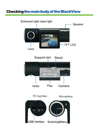 Checking the main body of the BlackView

       Enhanced night vision light
                                                      Speaker




                                               TFT LCD
             Lens


                    Support slot       Reset




                Vedio           Play     Camera


                 TF Card Slot            Microphone




             USB Interface      Switching&Menu
 