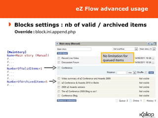 eZ Flow advanced usage Blocks settings : nb of valid / archived items Override :  block.ini.append.php No limitation for queued items 