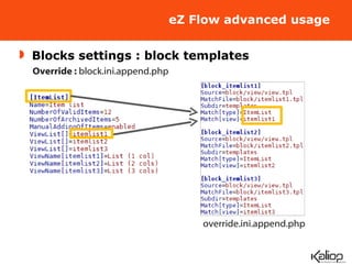 eZ Flow advanced usage Blocks settings : block templates Override :  block.ini.append.php override.ini.append.php 