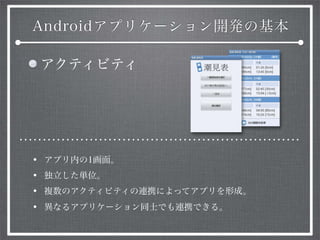 Androidアプリケーション開発の基本
アクティビティ
• アプリ内の1画面。
• 独立した単位。
• 複数のアクティビティの連携によってアプリを形成。
• 異なるアプリケーション同士でも連携できる。
 