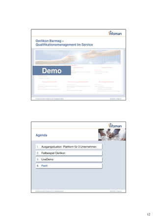 Oerlikon Barmag –
Qualifikationsmanagement im Service




          Demo


© Infoman GmbH | Erstellt von Dr. Friedemann Reim   08.06.2011 | Seite 23




Agenda


 1. Ausgangsituation: Plattform für 3 Unternehmen

 2. Fallbeispiel Oerlikon

 3. LiveDemo

 4. Fazit




© Infoman GmbH | Erstellt von Dr. Friedemann Reim   08.06.2011 | Seite 24




                                                                            12
 