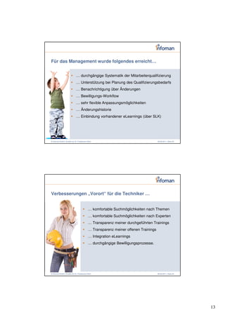 Für das Management wurde folgendes erreicht…


                              … durchgängige Systematik der Mitarbeiterqualifizierung
                              … Unterstützung bei Planung des Qualifizierungsbedarfs
                              … Benachrichtigung über Änderungen
                              … Bewilligungs-Workflow
                              … sehr flexible Anpassungsmöglichkeiten
                              … Änderungshistorie
                              … Einbindung vorhandener eLearnings (über SLK)




© Infoman GmbH | Erstellt von Dr. Friedemann Reim                                     08.06.2011 | Seite 25




Verbesserungen „Vorort“ für die Techniker …


                                             … komfortable Suchmöglichkeiten nach Themen
                                             … komfortable Suchmöglichkeiten nach Experten
                                             … Transparenz meiner durchgeführten Trainings
                                             … Transparenz meiner offenen Trainings
                                             … Integration eLearnings
                                             … durchgängige Bewilligungsprozesse.




© Infoman GmbH | Erstellt von Dr. Friedemann Reim                                     08.06.2011 | Seite 26




                                                                                                              13
 