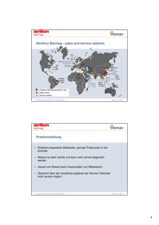 Oerlikon Barmag - sales and service stations


                                                       BSZ
                                                       Chemnitz
                                                       Germany
                                         Oerlikon Barmag
                                               Remscheid               BUR                      OTB           OTW     ITSC
                                  OTI            Germany              Bursa                     Beijing       Wuxi    Seoul
                             Charlotte                               Turkey      ATC            China         China   South Korea
                                 USA                                             Karachi             OCN                BSO
                                                                                 Pakistan            Suzhou             Shanghai
                                                                                                     China              China
                                                              ISC
                                                             Cairo                                                            TPE
                                                             Egypt            OT India                          OTFE          Taipei
                                      OT Brazil                                                                 Hong Kong     Taiwan
                                   Sao Leopoldo                               Baroda
                                                                              India                             China
                                          Brazil
                                                                                                   BKK                   BSI
                                                                                    OT India
                                                                                                   Bangkok               Bandung
                                                                                     Mumbai
                                                                                                   Thailand              Indonesia
                                                                                        India
                                                                                                               Illies
       Oerlikon Barmag production site                                                                         Ho Chi Minh City
                                                                                                               Vietnam)
       sales office
       service station

 © Infoman GmbH | Erstellt von Dr. Friedemann Reim                                                                      08.06.2011 | Seite 7




 Problemstellung


• Weltweit eingesetzte Mitarbeiter, geringe Präsenzzeit in der
  Zentrale

• Wissen ist stark verteilt und kann nicht zentral abgerufen
  werden

• Verlust von Wissen beim Ausscheiden von Mitarbeitern

• Übersicht über den Qualifizierungslevel der Service Techniker
  nicht zentral möglich




 © Infoman GmbH | Erstellt von Dr. Friedemann Reim                                                                      08.06.2011 | Seite 8




                                                                                                                                               4
 