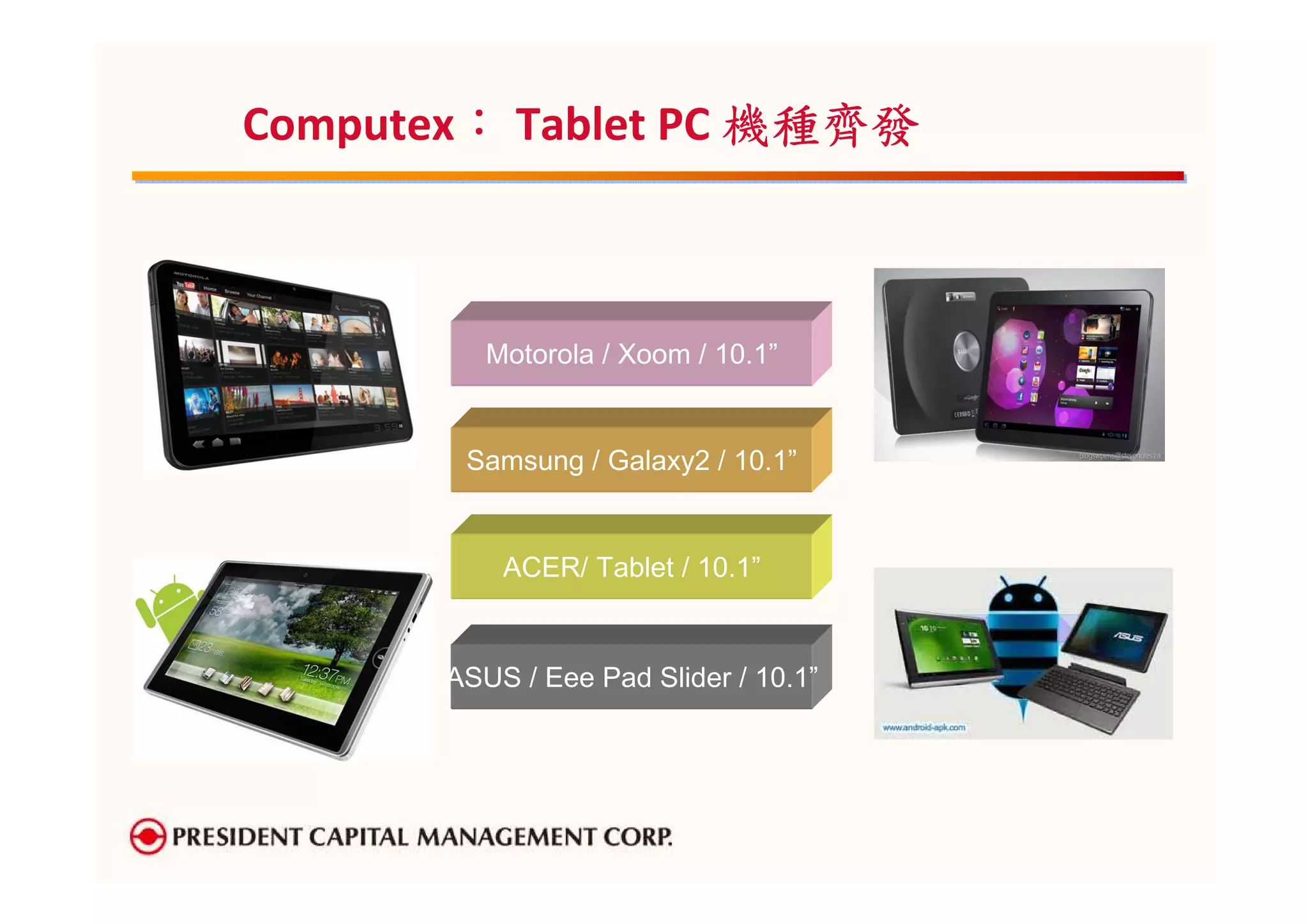 ：
Computex： Tablet PC 機種齊發



          Motorola / Xoom / 10.1”


        Samsung / Galaxy2 / 10.1”


           ACER/ Tablet / 10.1”


       ASUS / Eee Pad Slider / 10.1”
 